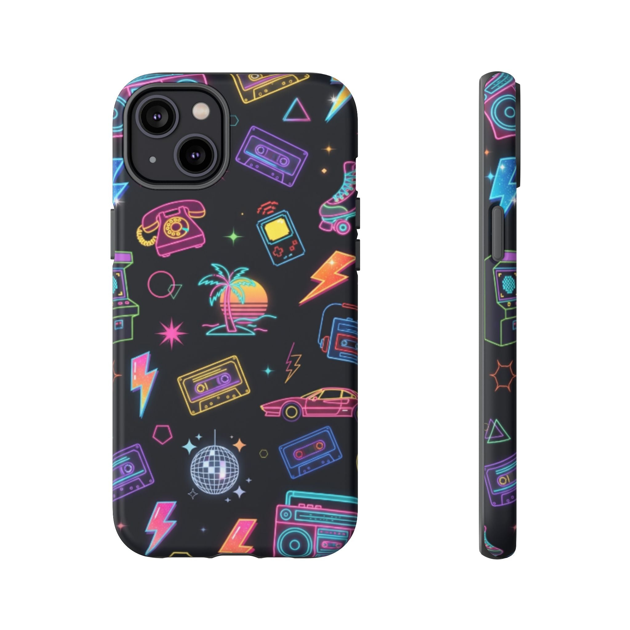 Retro Neon 80s Phone Case — Cassette, Roller Skate & Palm Tree Pattern