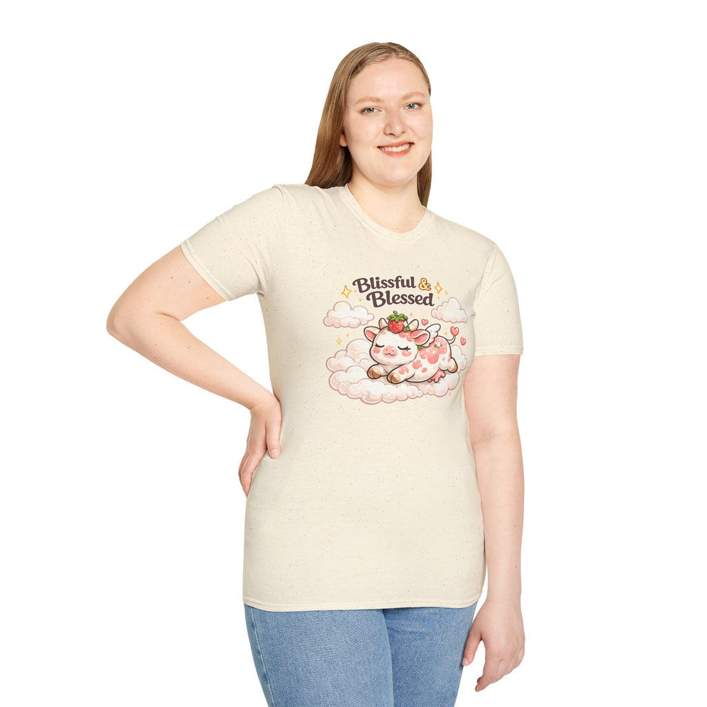 Blissful & Blessed Cute Strawberry Cow T-Shirt — Cozy Gift Tee