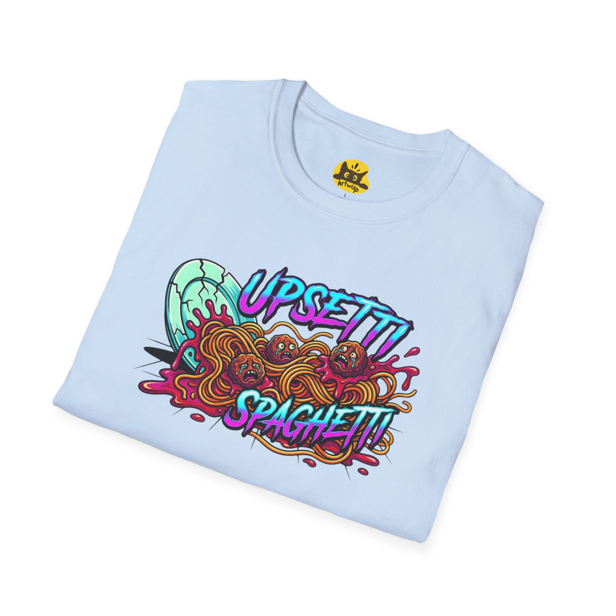 Upsetti Spaghetti T-Shirt — Funny Cartoon Spilled Pasta Graphic Tee