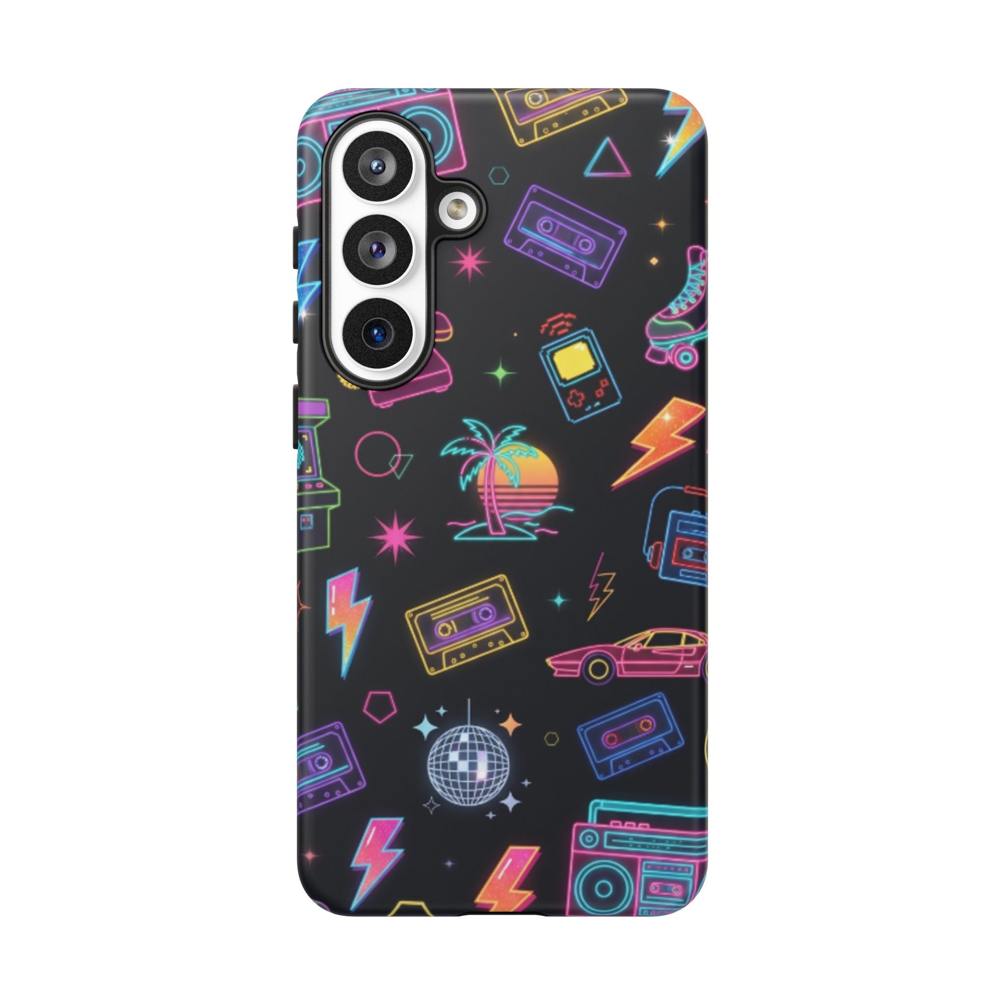 Retro Neon 80s Phone Case — Cassette, Roller Skate & Palm Tree Pattern