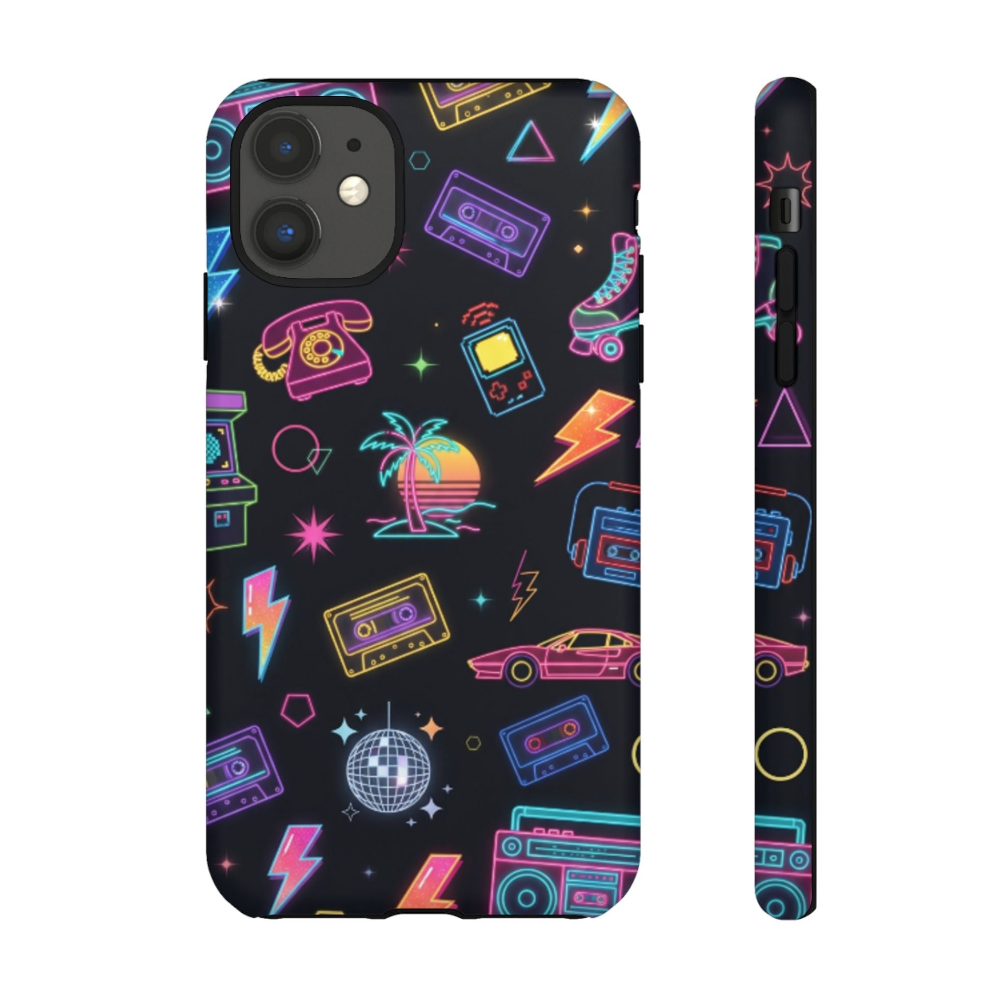 Retro Neon 80s Phone Case — Cassette, Roller Skate & Palm Tree Pattern