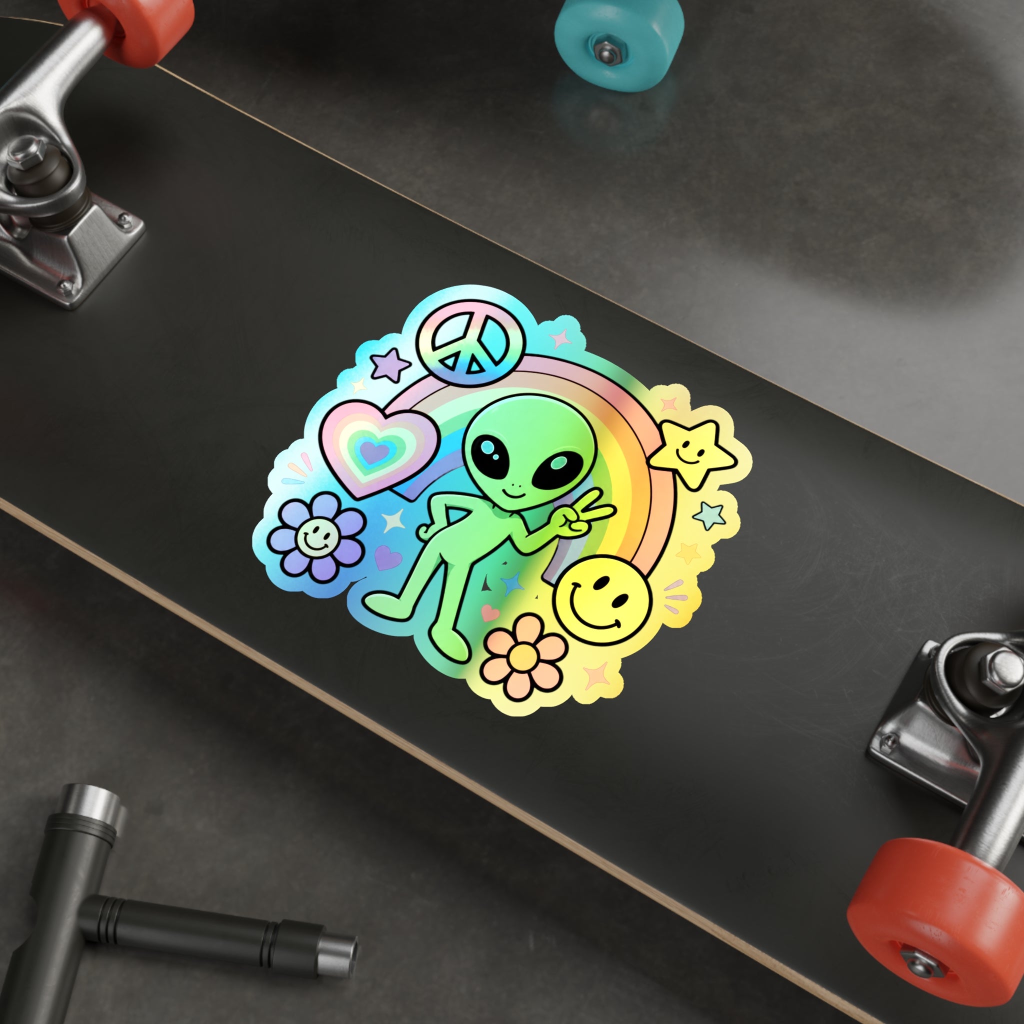 Holographic Alien Peace Sticker — Rainbow Psychedelic Die-Cut Sticker #03