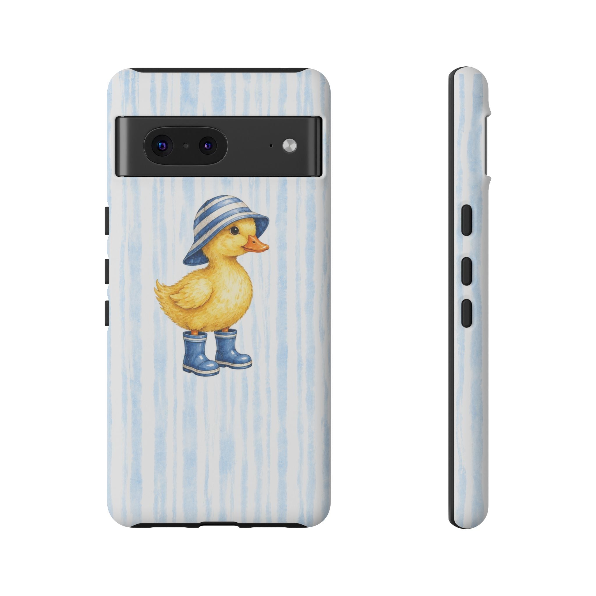 Cute Duckling Phone Case – Baby Blue Stripes with Duck in Hat & Boots