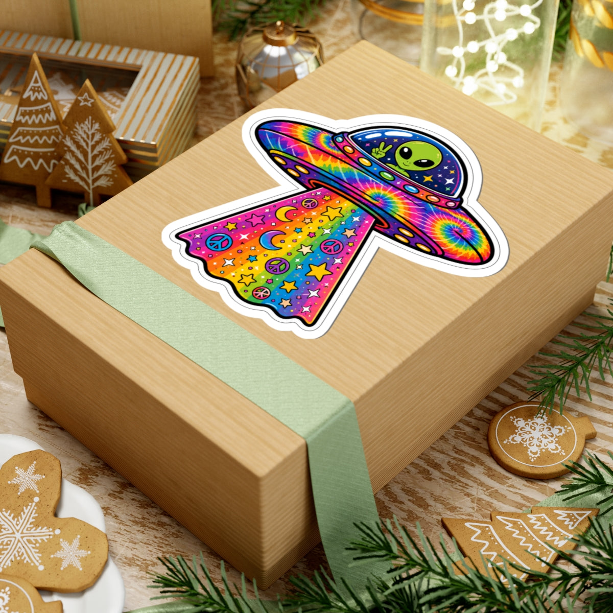 Psychedelic Alien UFO Sticker — Rainbow Tie-Dye Peace & Stars Kiss-Cut