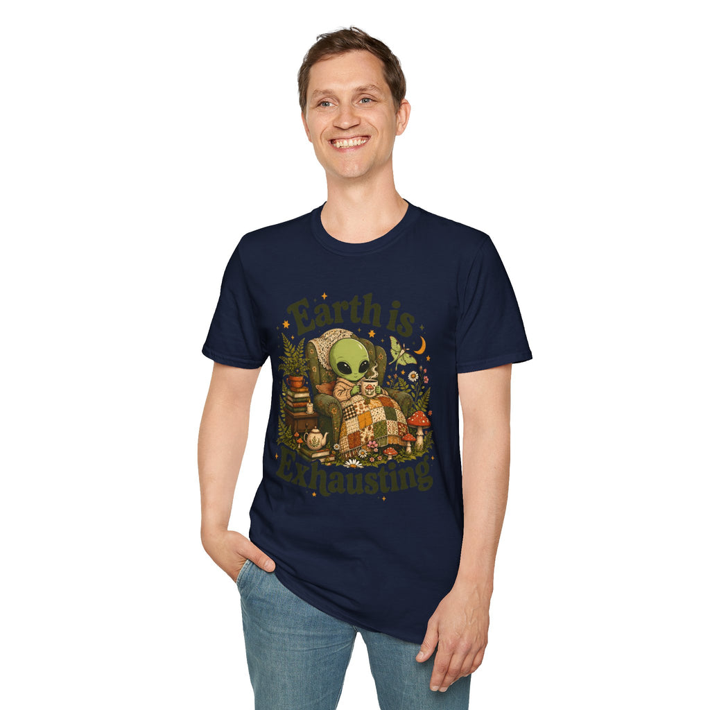 Earth Is Exhausting Alien T-Shirt — Cute Retro Cozy Space Graphic Tee