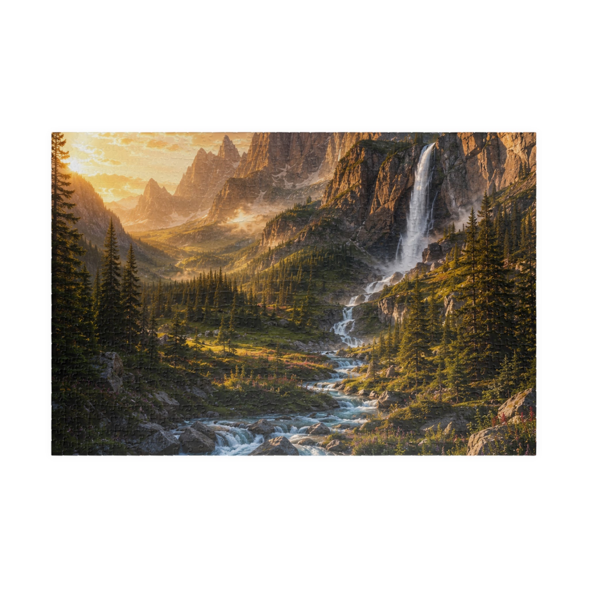 Mountain Valley Waterfall Jigsaw Puzzle — Scenic Nature Landscape Puzzle (110/252/520/1014 pcs)