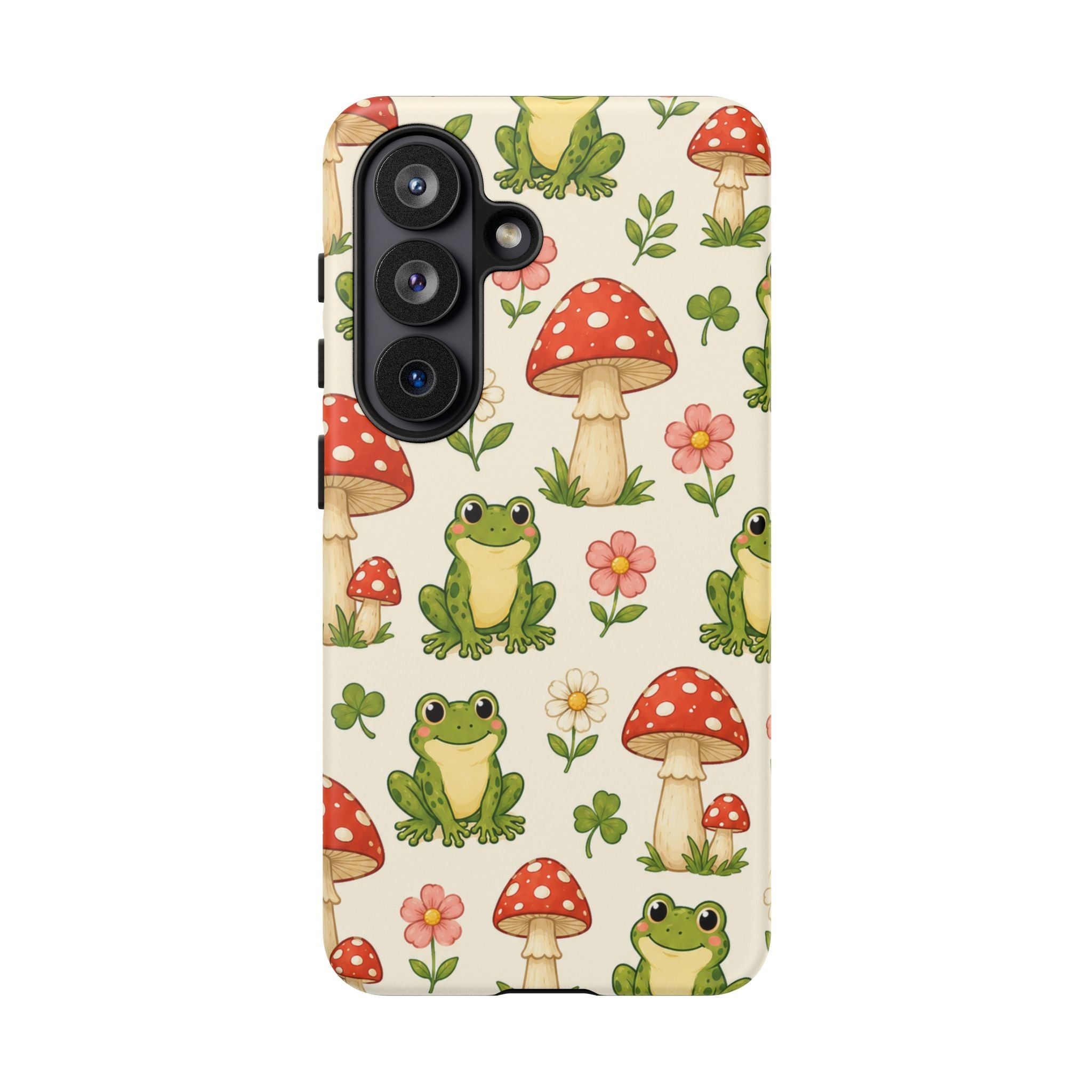 Kawaii Frog & Red Capped Mushroom Phone Case – Cute Nature Pattern Protective Cover