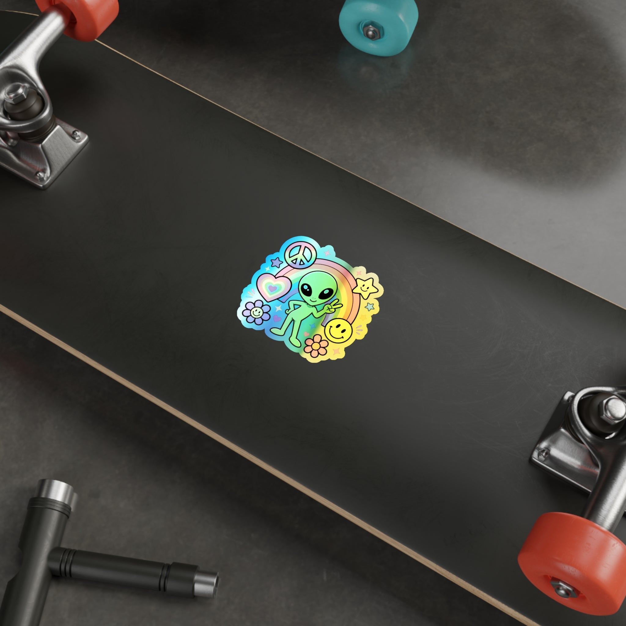 Holographic Alien Peace Sticker — Rainbow Psychedelic Die-Cut Sticker #03