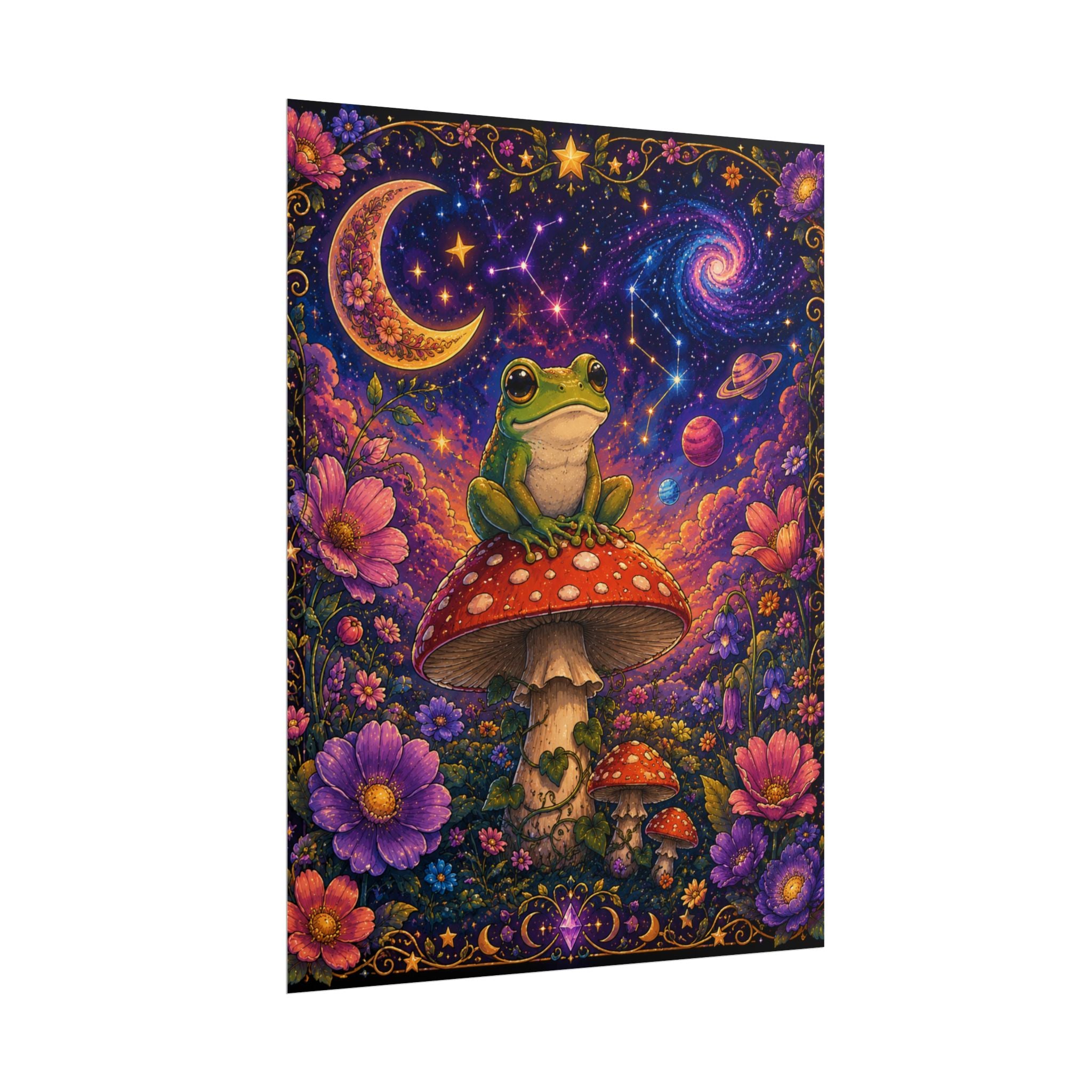 Psychedelic Cosmic Frog Red Capped Mushroom Poster — Cosmic Moon & Stars Wall Art