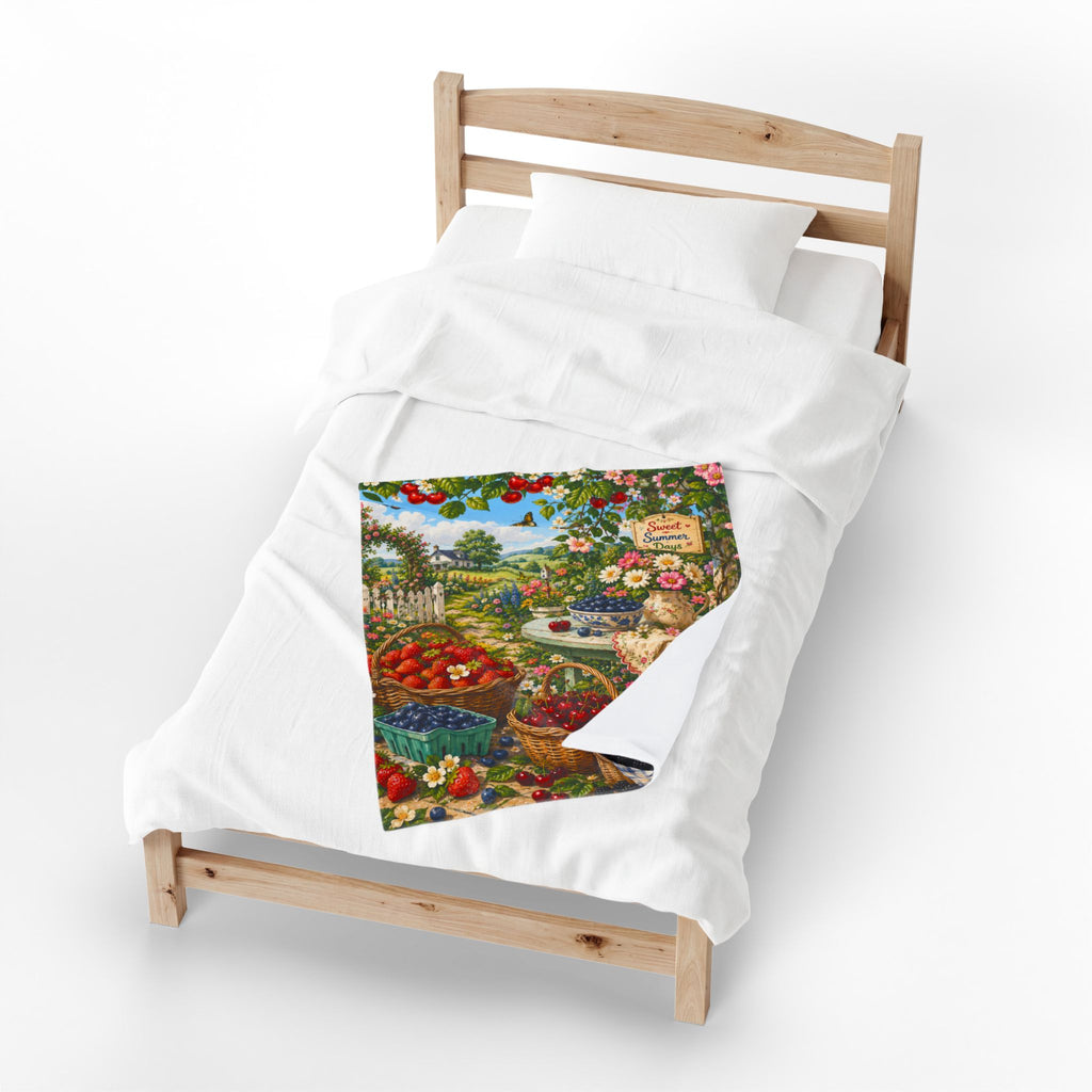 Velveteen Blanket — "Sweet Summer Days" Cottage Garden Berry Print Plush Throw