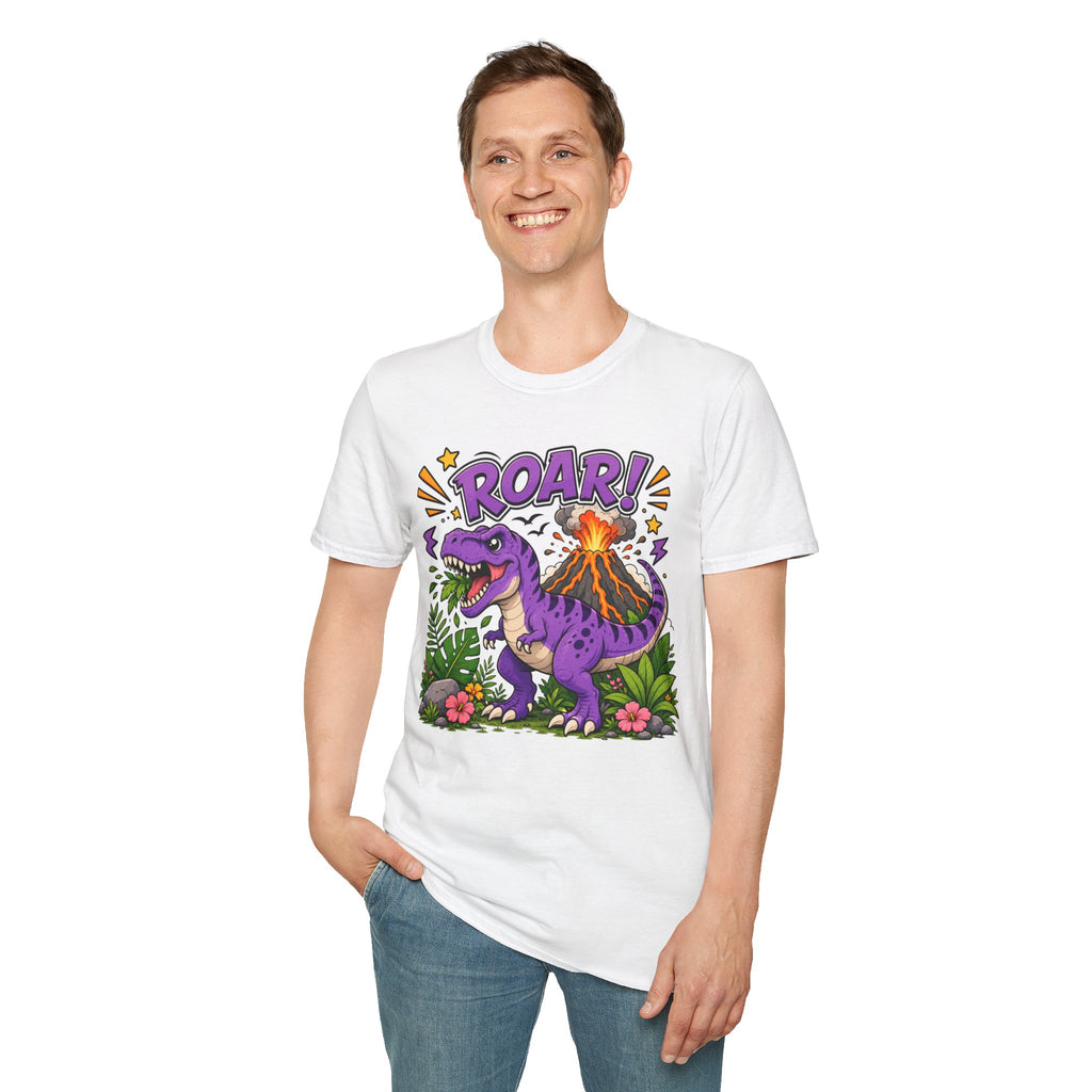 T-Shirt — 'ROAR!' Purple Dinosaur Volcano Graphic Tee