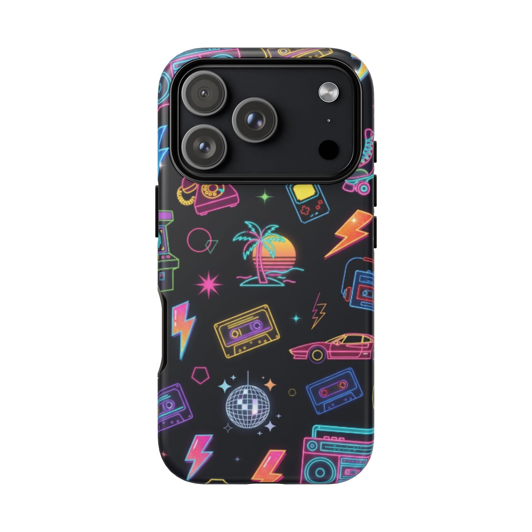 Retro Neon 80s Phone Case — Cassette, Roller Skate & Palm Tree Pattern