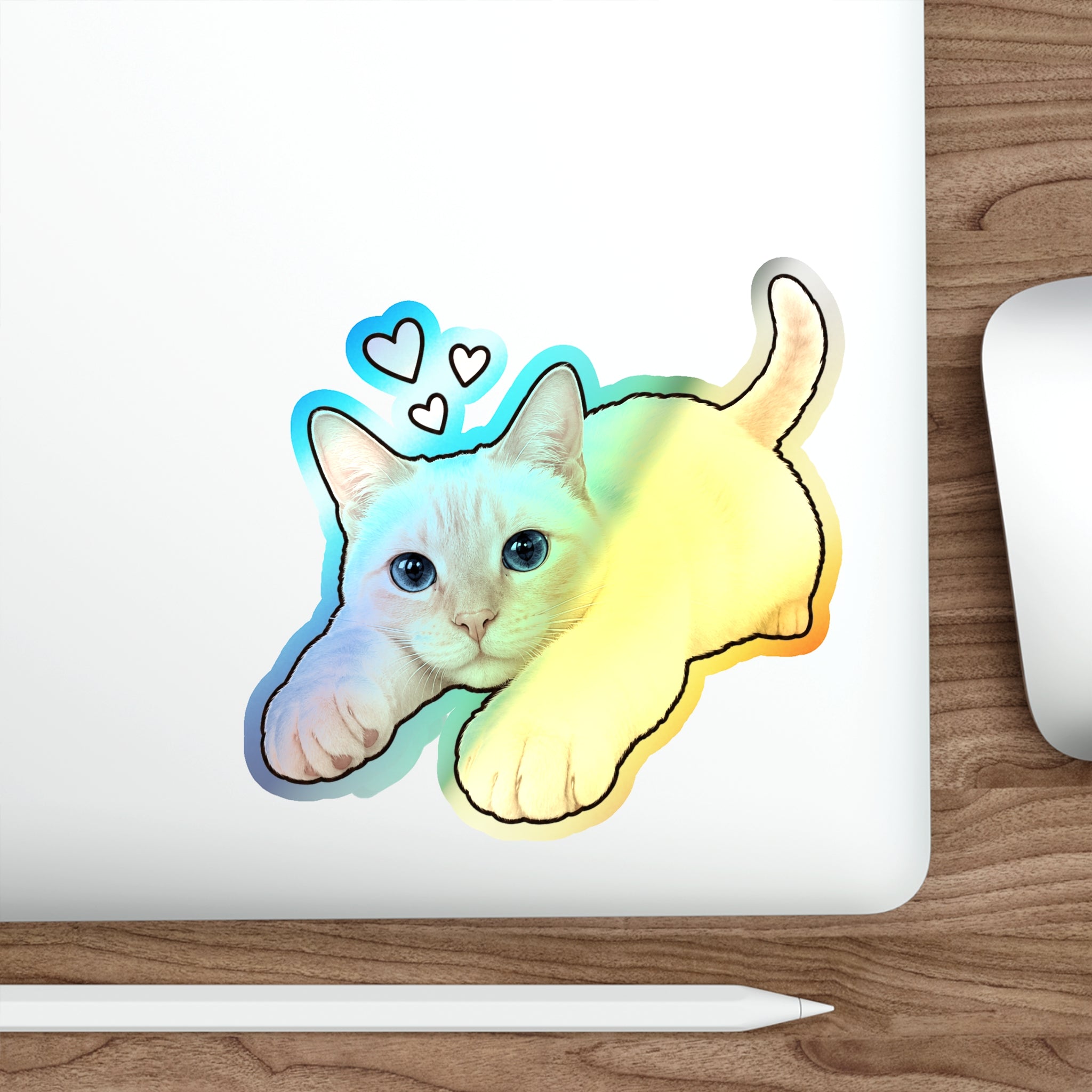 Holographic Cat Die-Cut Sticker — Cute Siamese Kitten with Hearts