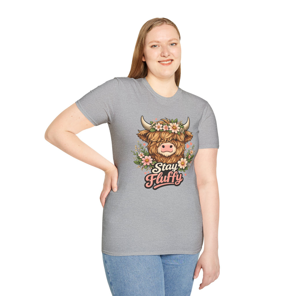 Highland Cow "Stay Fluffy" T-Shirt — Floral Highland Cattle Graphic Tee