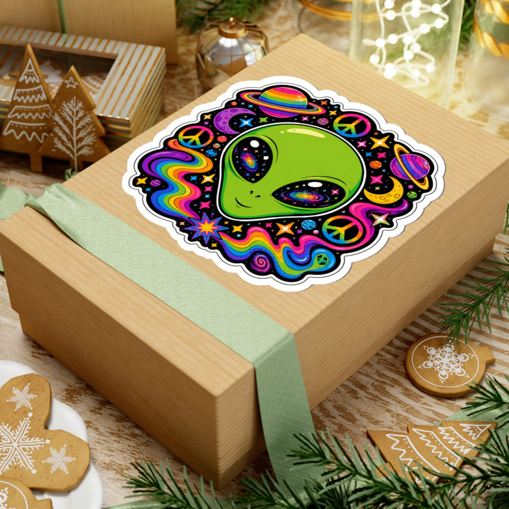 Psychedelic Alien Sticker — Retro Rainbow Peace Space Kiss-Cut Sticker