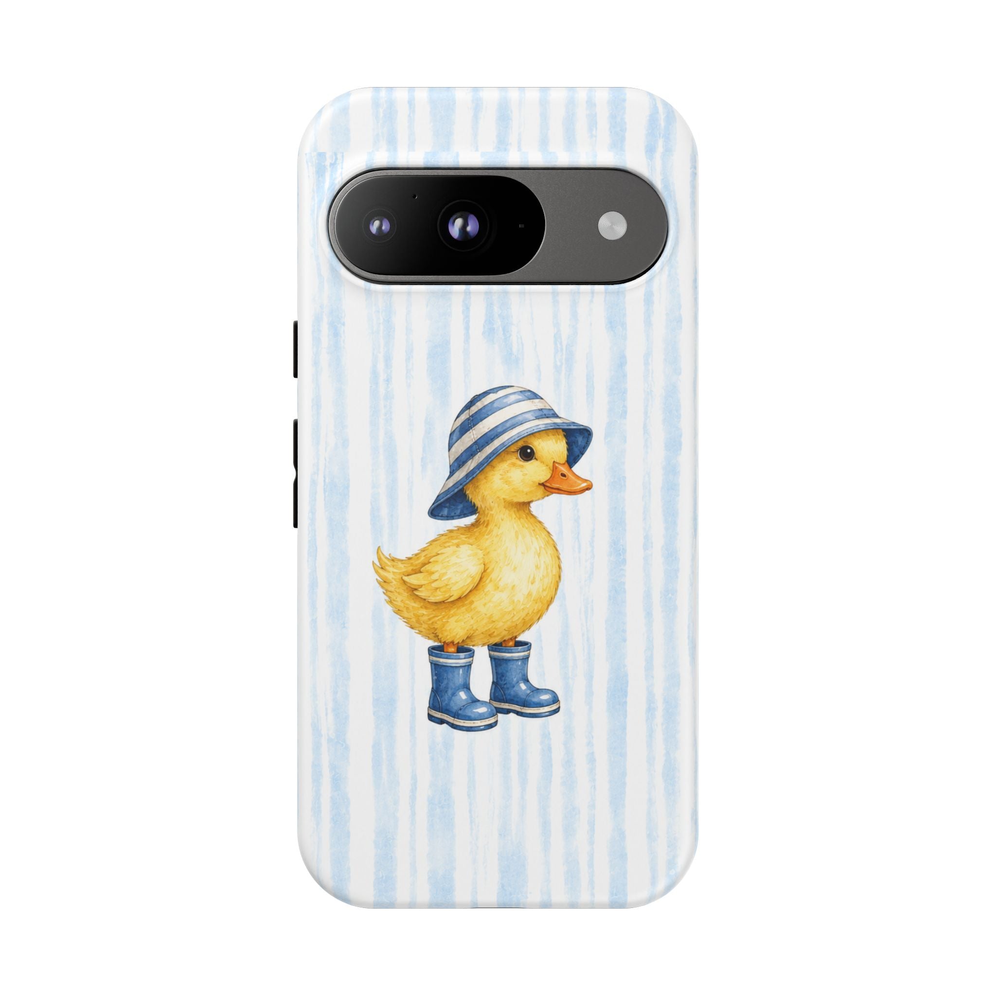 Cute Duckling Phone Case – Baby Blue Stripes with Duck in Hat & Boots