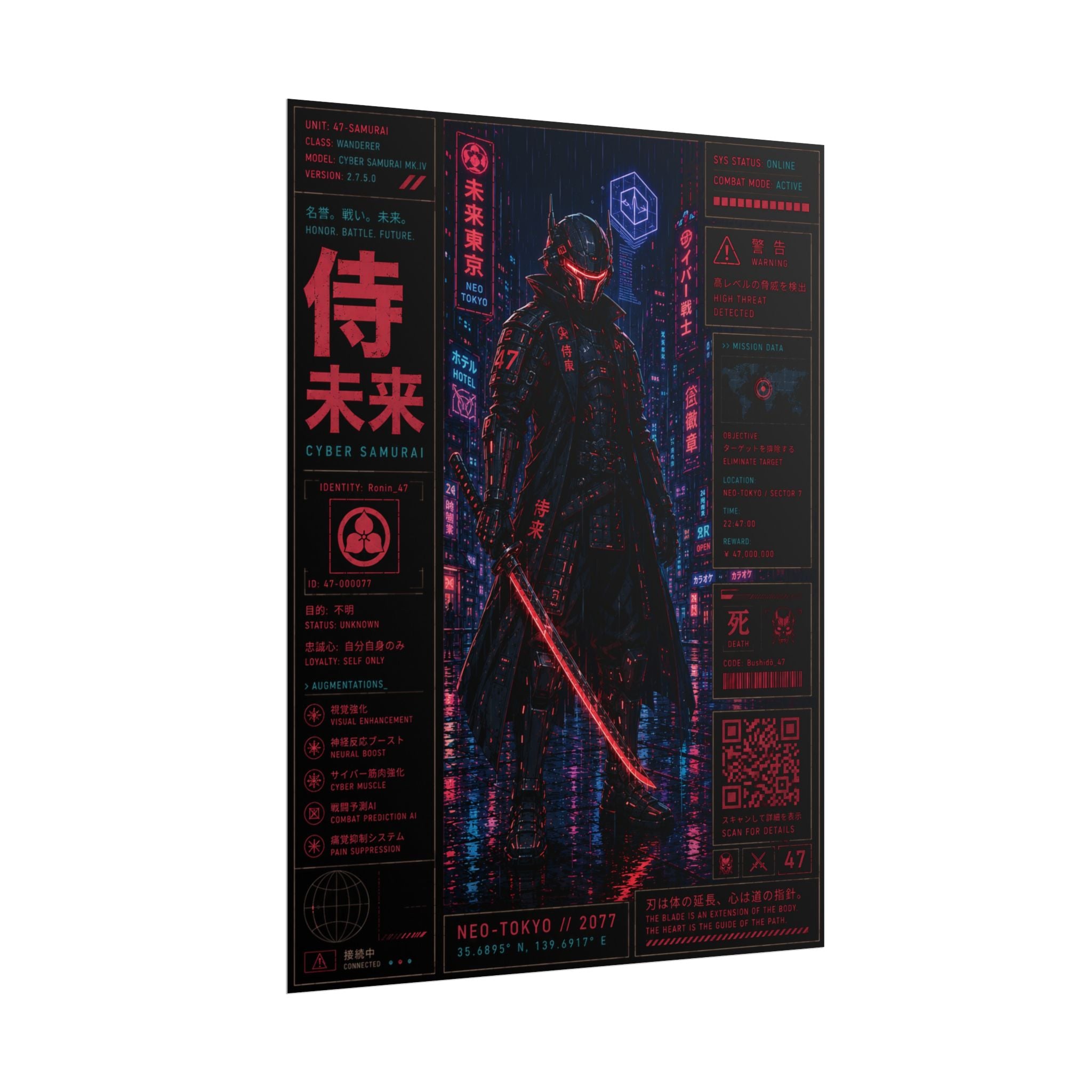 Cyber Samurai Poster — Neon Cyberpunk Rolled Art Print