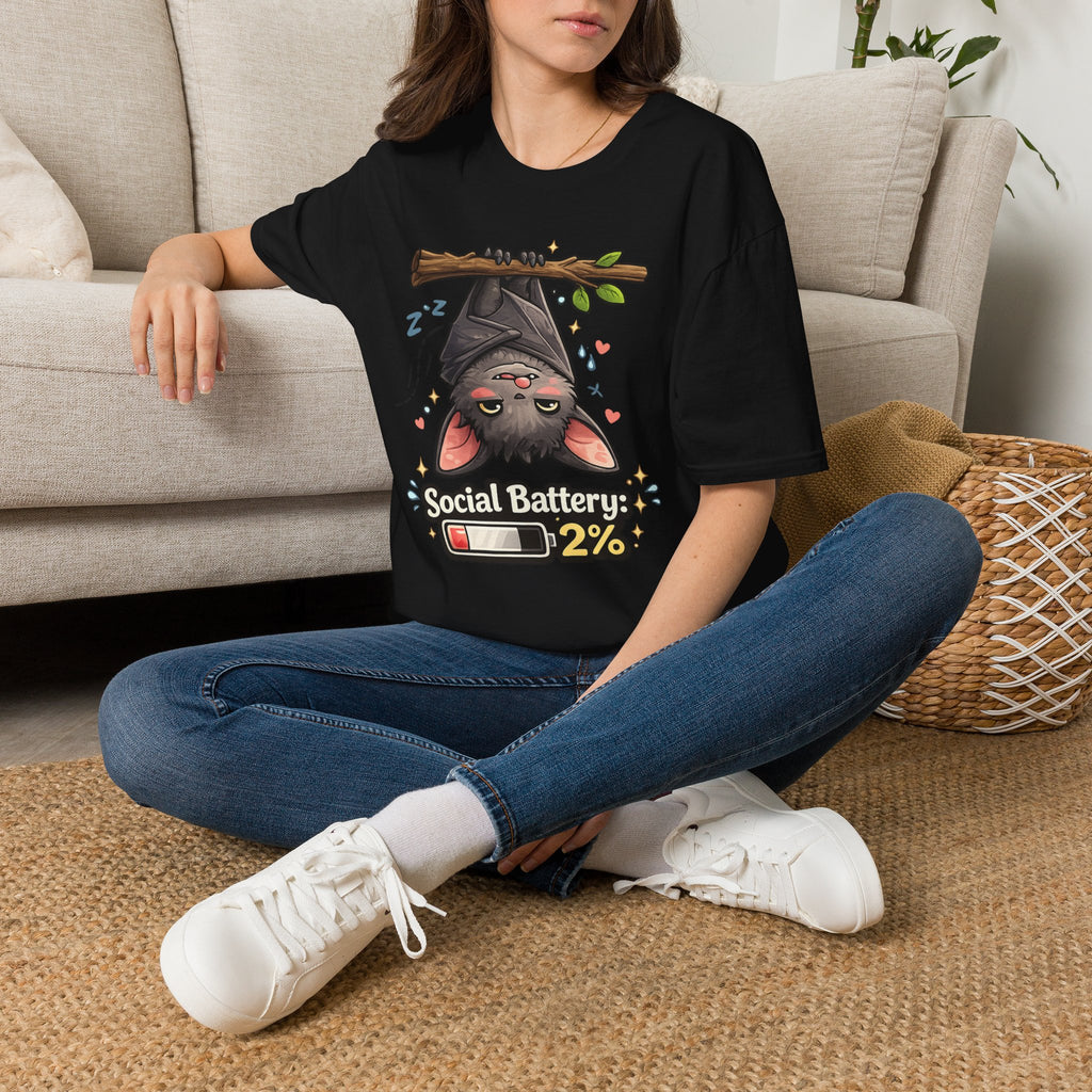 "Social Battery 2%" Cute Sleeping Bat Graphic Tee