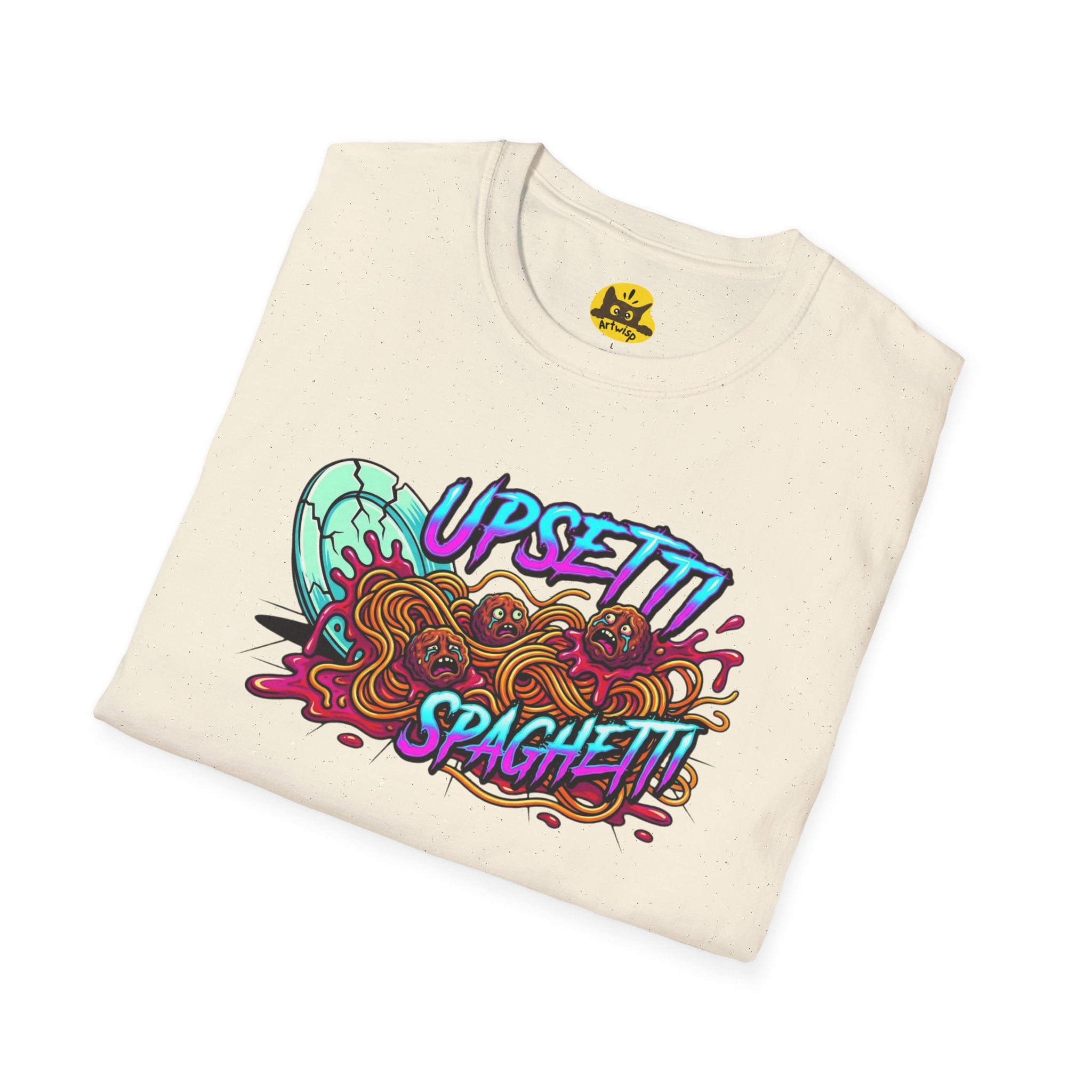 Upsetti Spaghetti T-Shirt — Funny Cartoon Spilled Pasta Graphic Tee