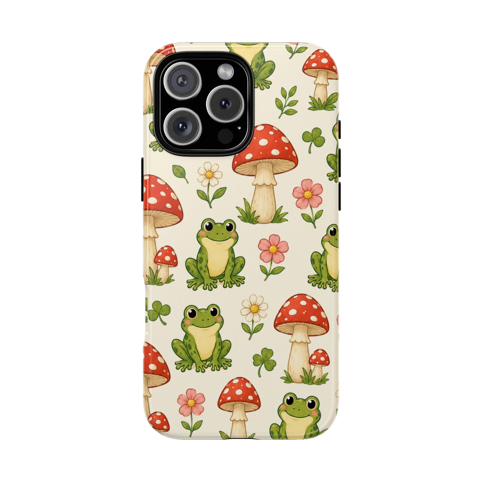 Kawaii Frog & Red Capped Mushroom Phone Case – Cute Nature Pattern Protective Cover