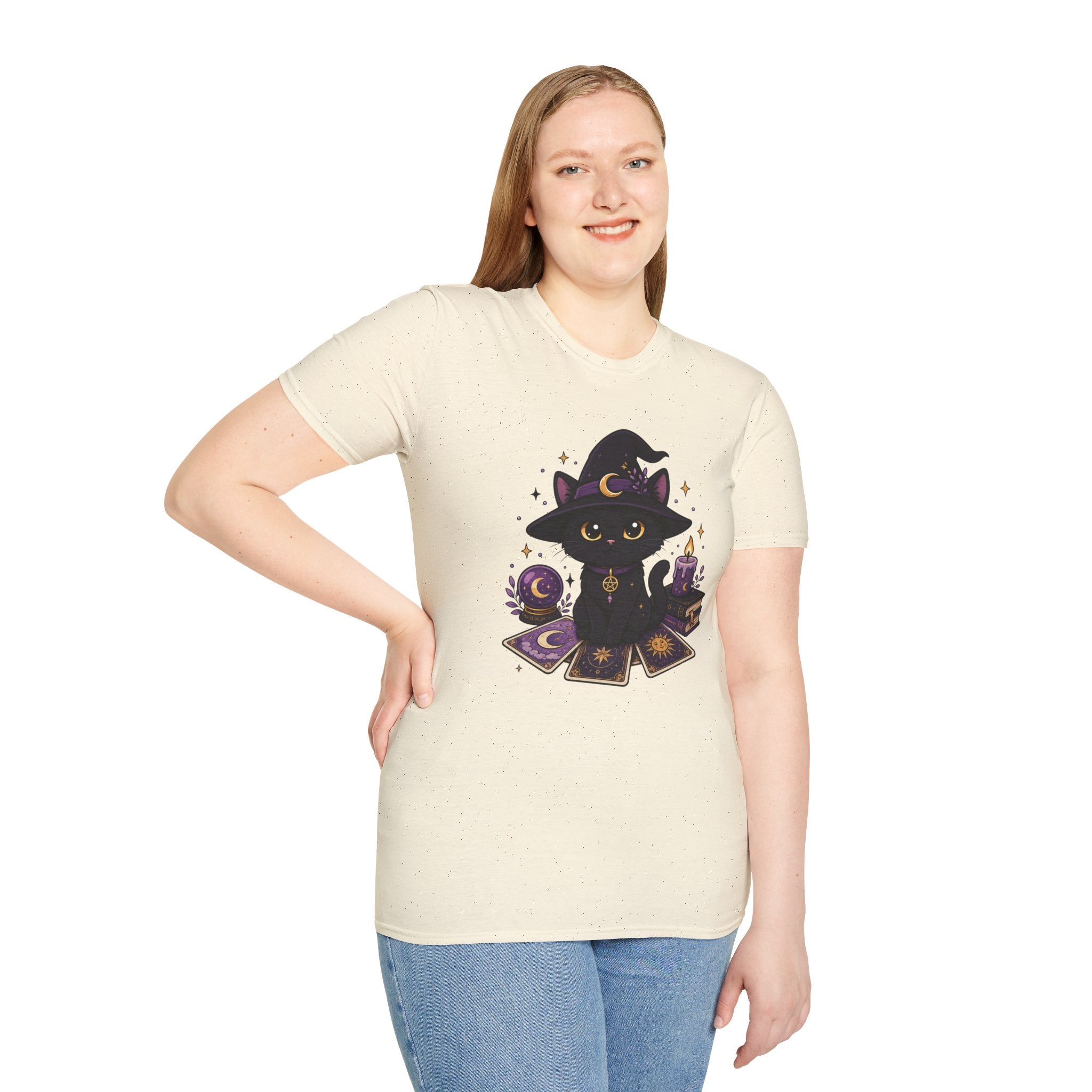 Tarot Cat T-Shirt — Cute Black Cat with Witch Hat & Tarot Candles