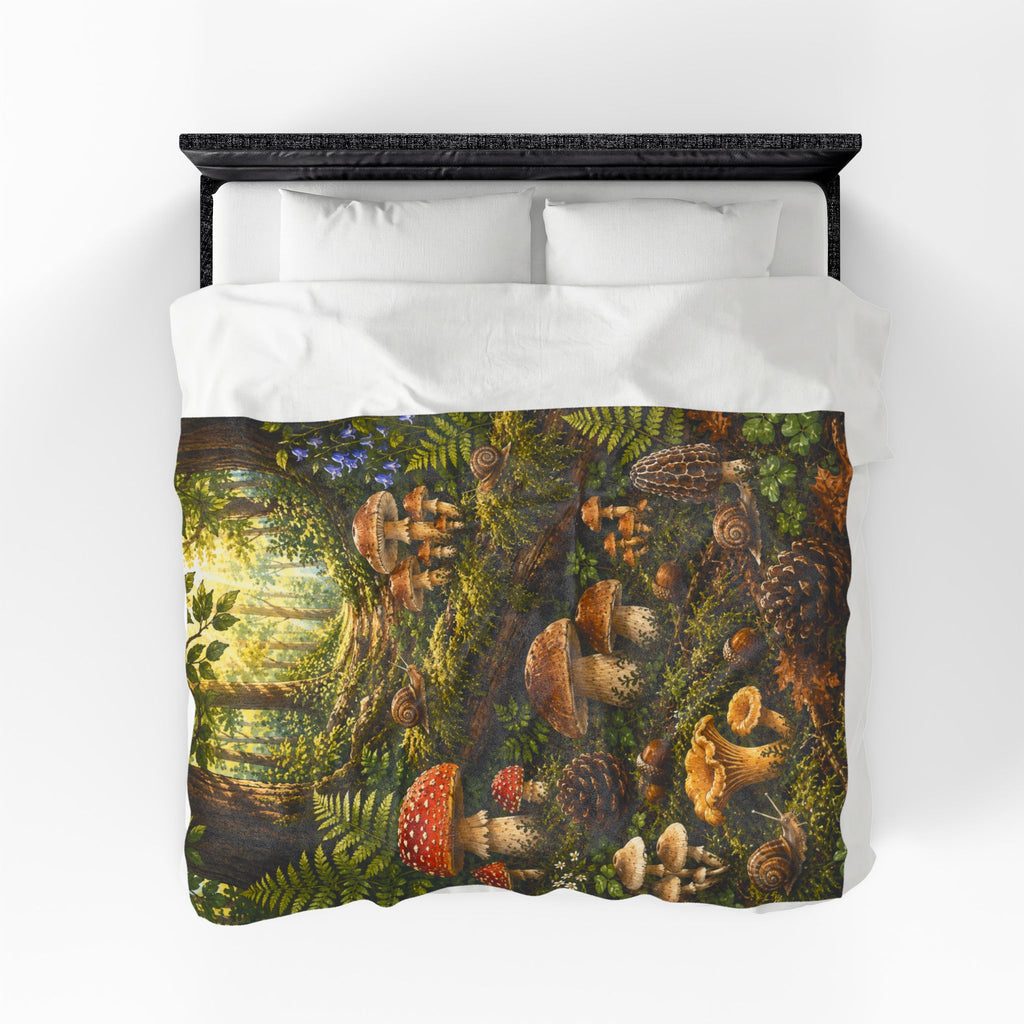 Forest Mushrooms Velveteen Plush Blanket — Cozy Forest Mushroom Scene Throw