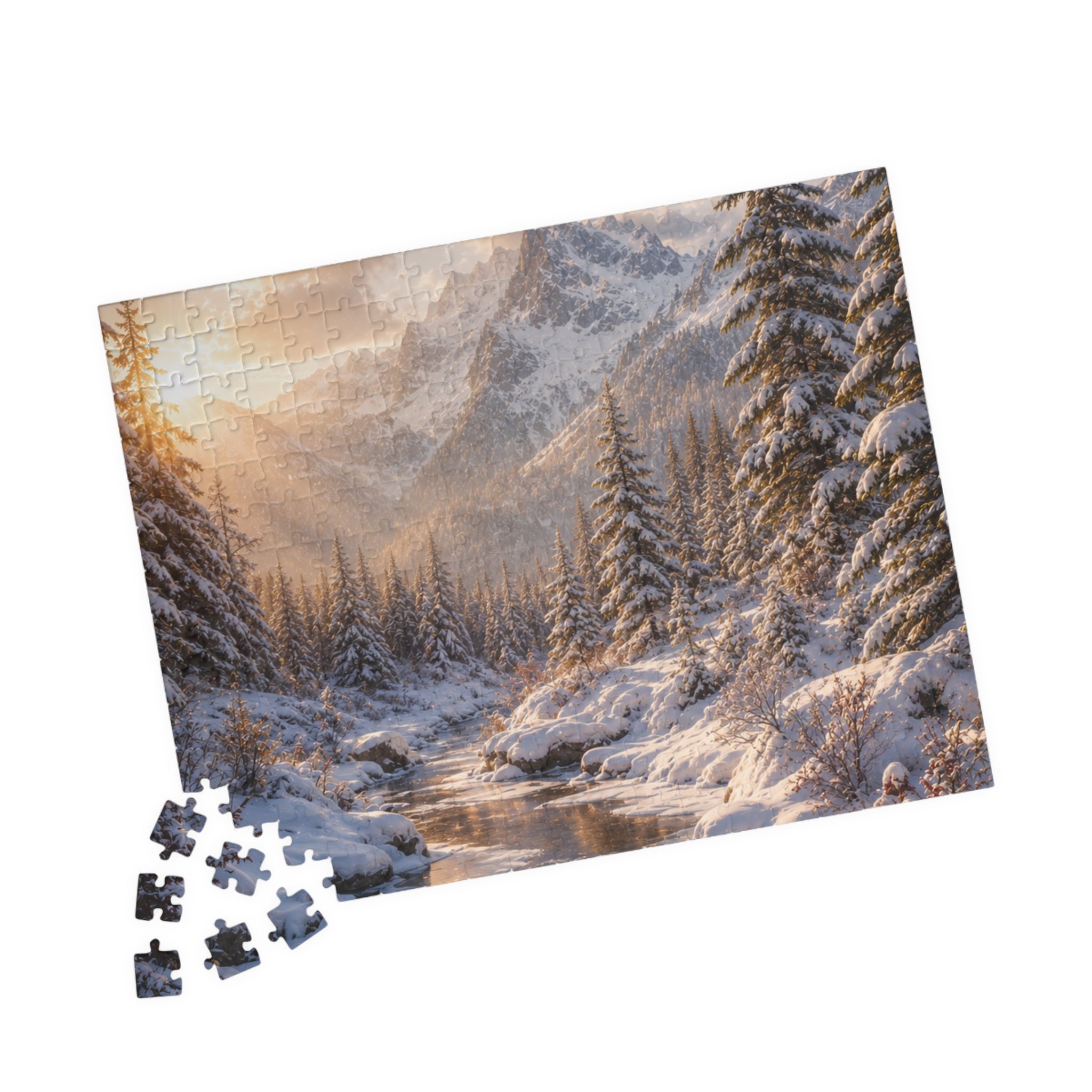 Winter Mountain River Puzzle — Scenic Snowy Landscape Jigsaw (110/252/520/1014 pcs)
