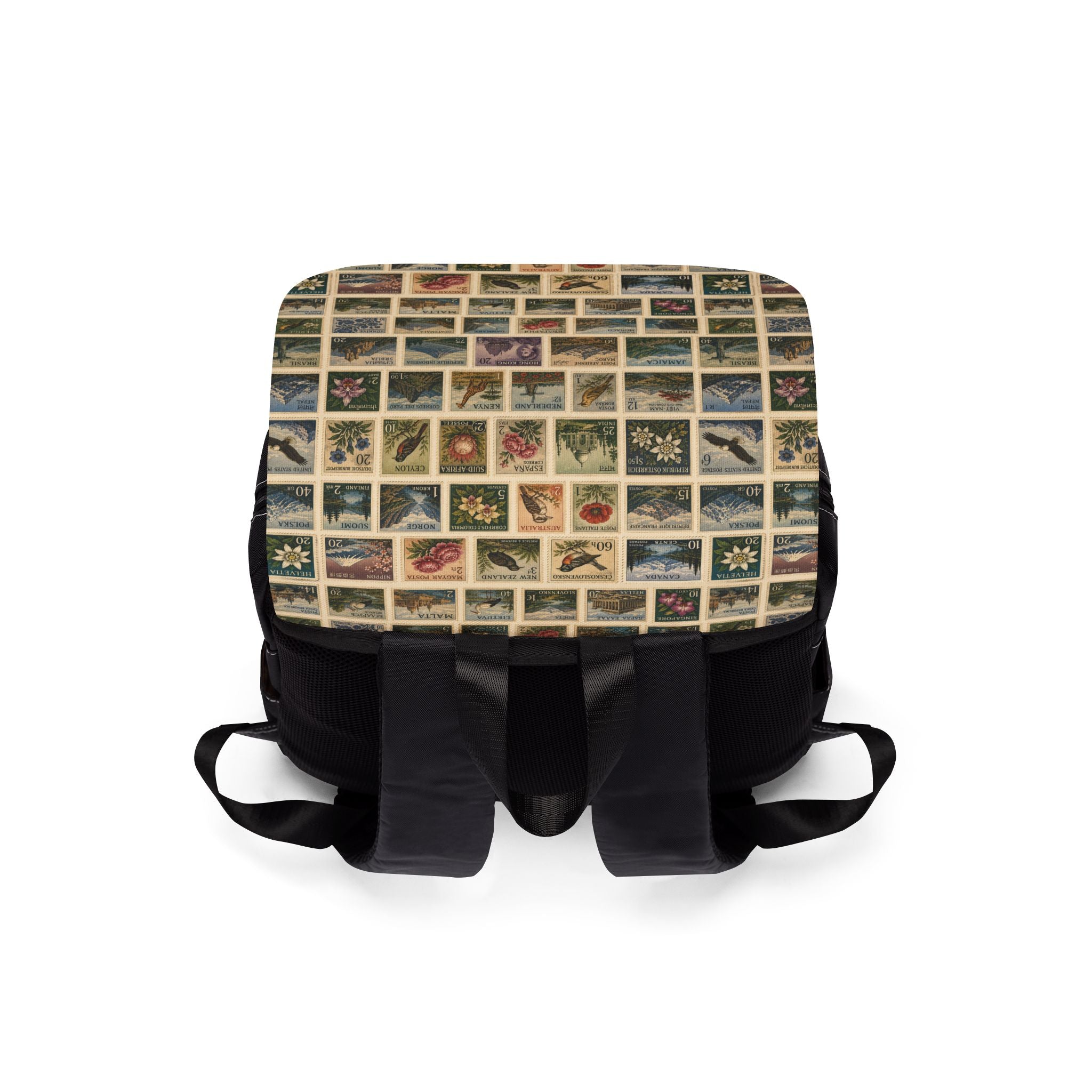 Vintage Postage Stamp Backpack - Casual Shoulder Bag with Retro Travel Collage