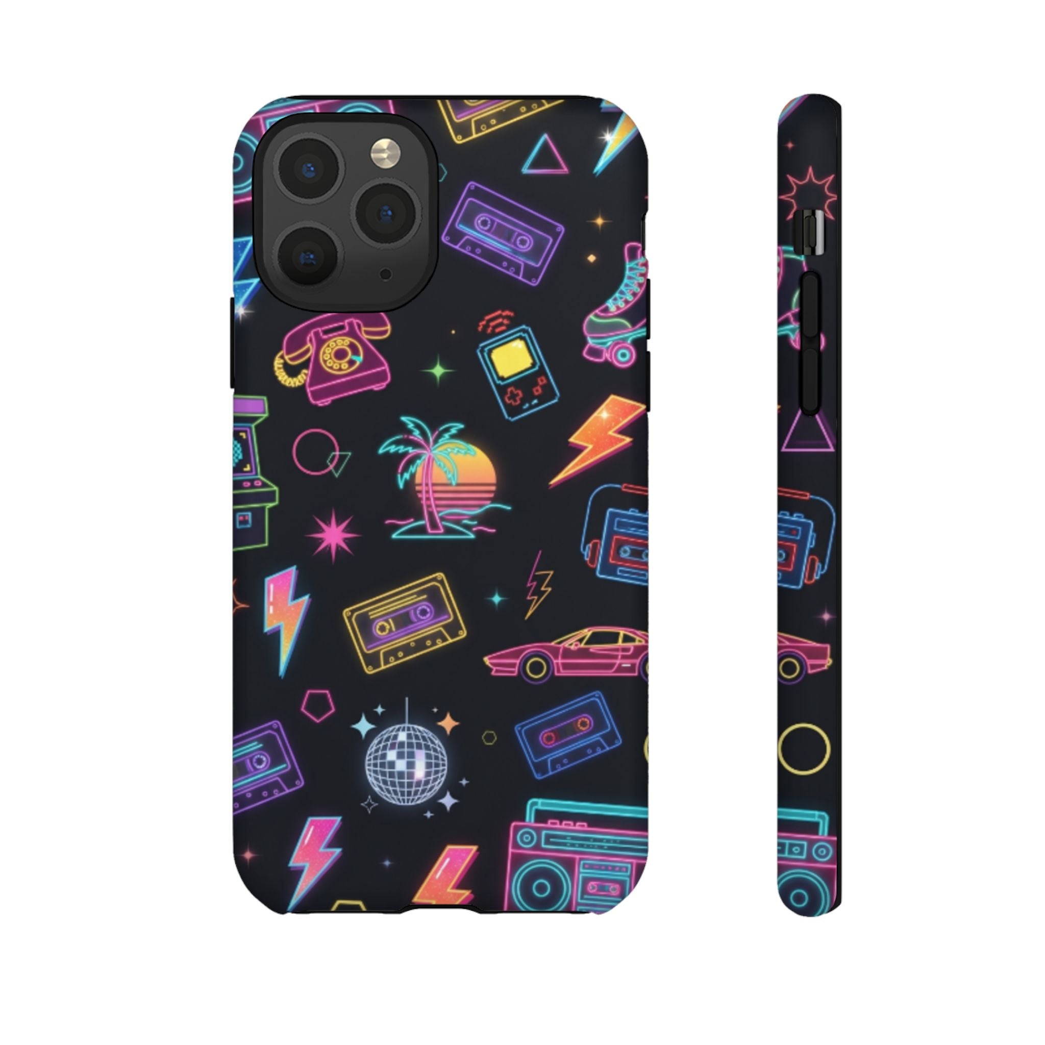 Retro Neon 80s Phone Case — Cassette, Roller Skate & Palm Tree Pattern
