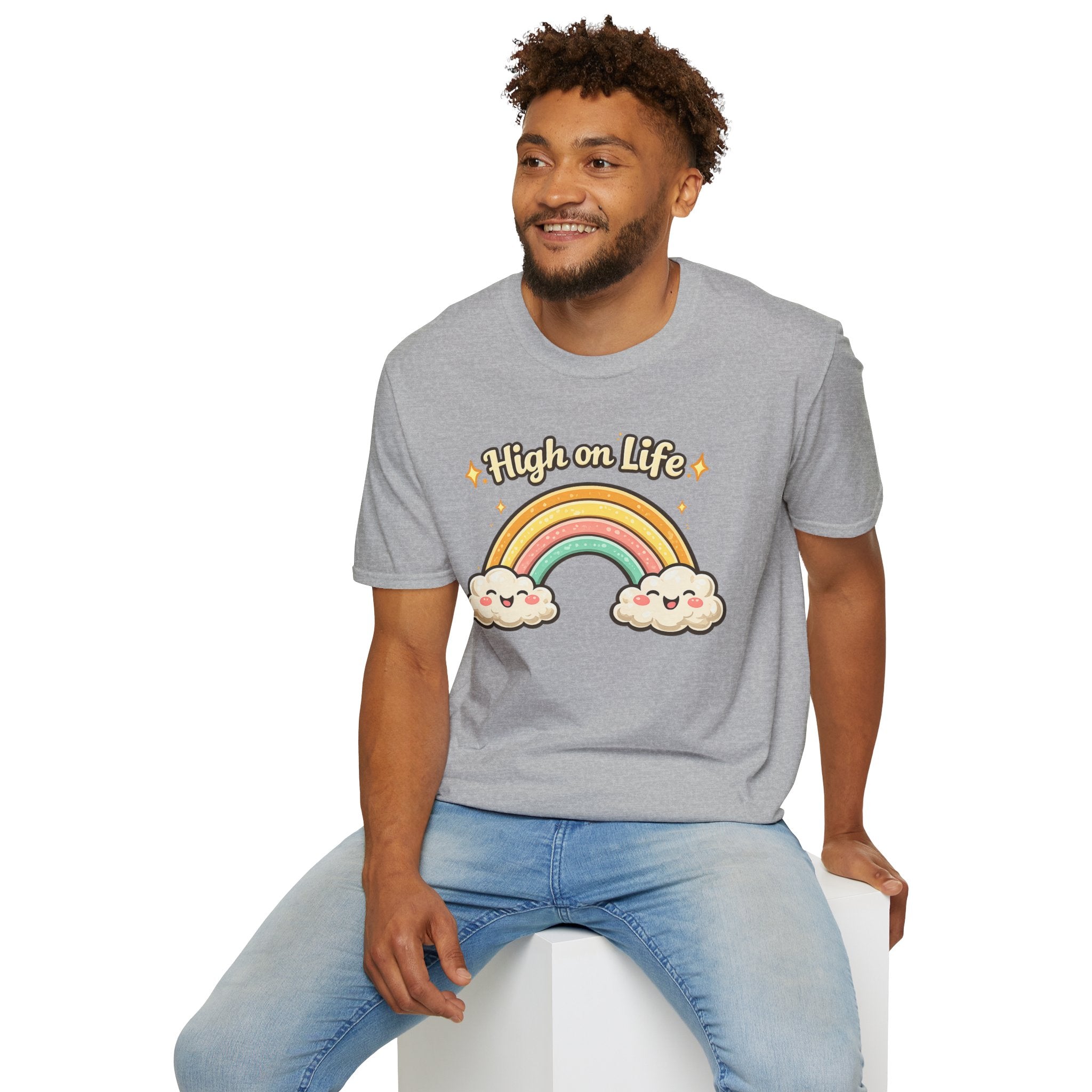 High on Life Cute Rainbow Tee (Retro Pastel Clouds) Gift T-Shirt