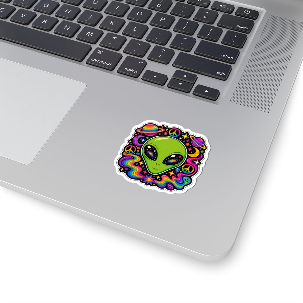 Psychedelic Alien Sticker — Retro Rainbow Peace Space Kiss-Cut Sticker