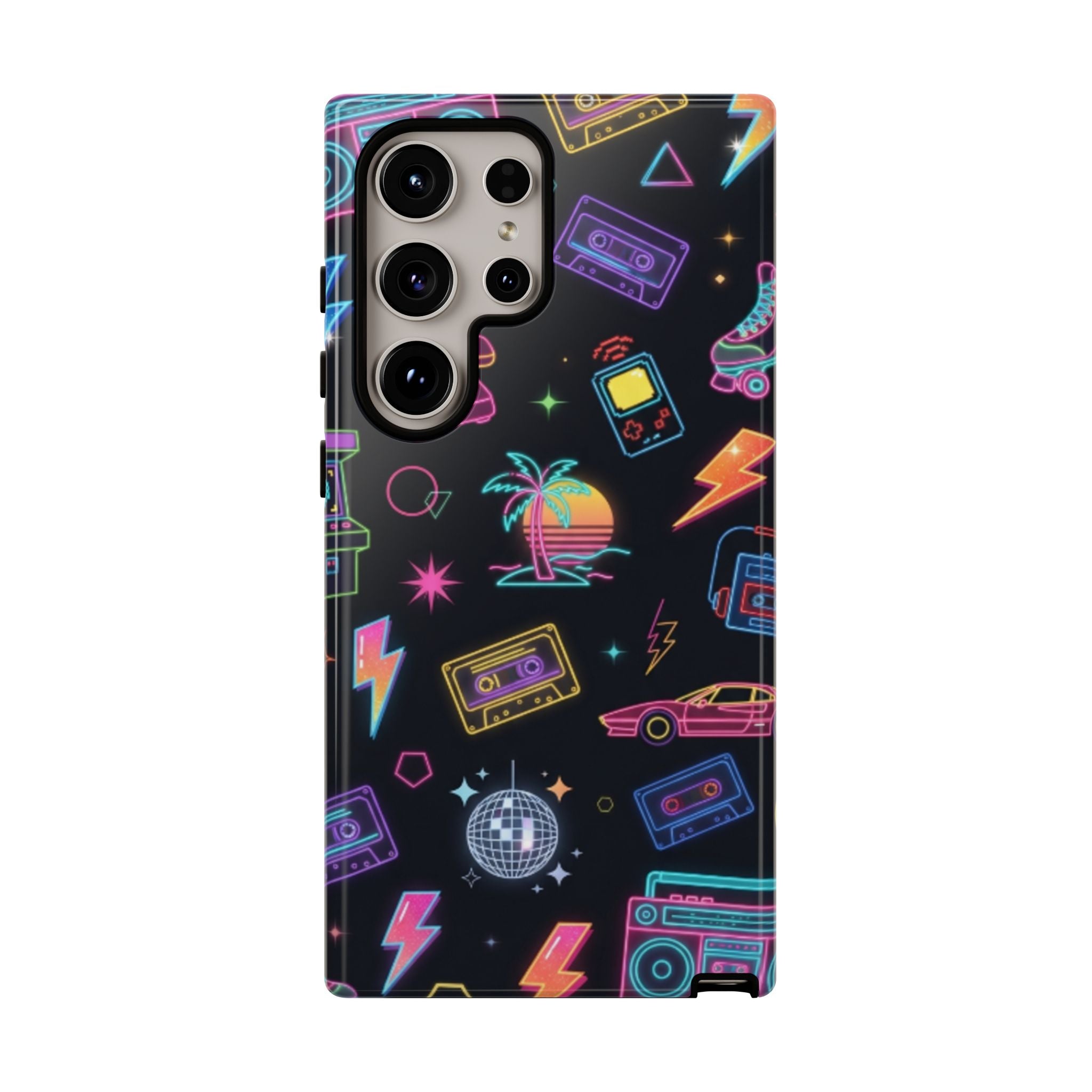 Retro Neon 80s Phone Case — Cassette, Roller Skate & Palm Tree Pattern