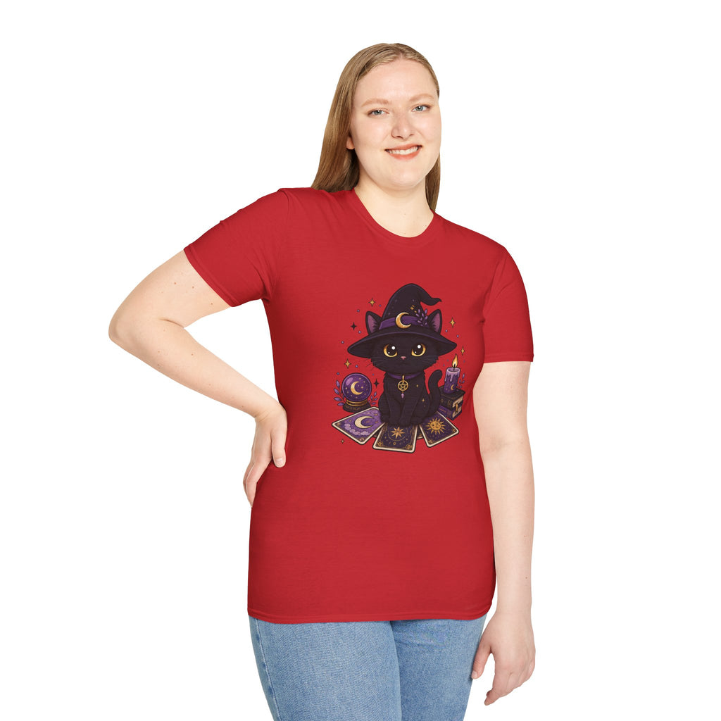 Tarot Cat T-Shirt — Cute Black Cat with Witch Hat & Tarot Candles