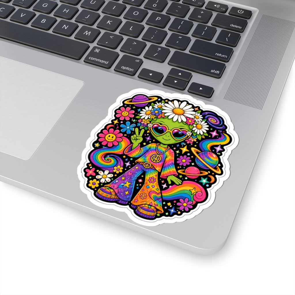 70's Hippie Alien Kiss-Cut Sticker — Retro Rainbow Peace Vibes
