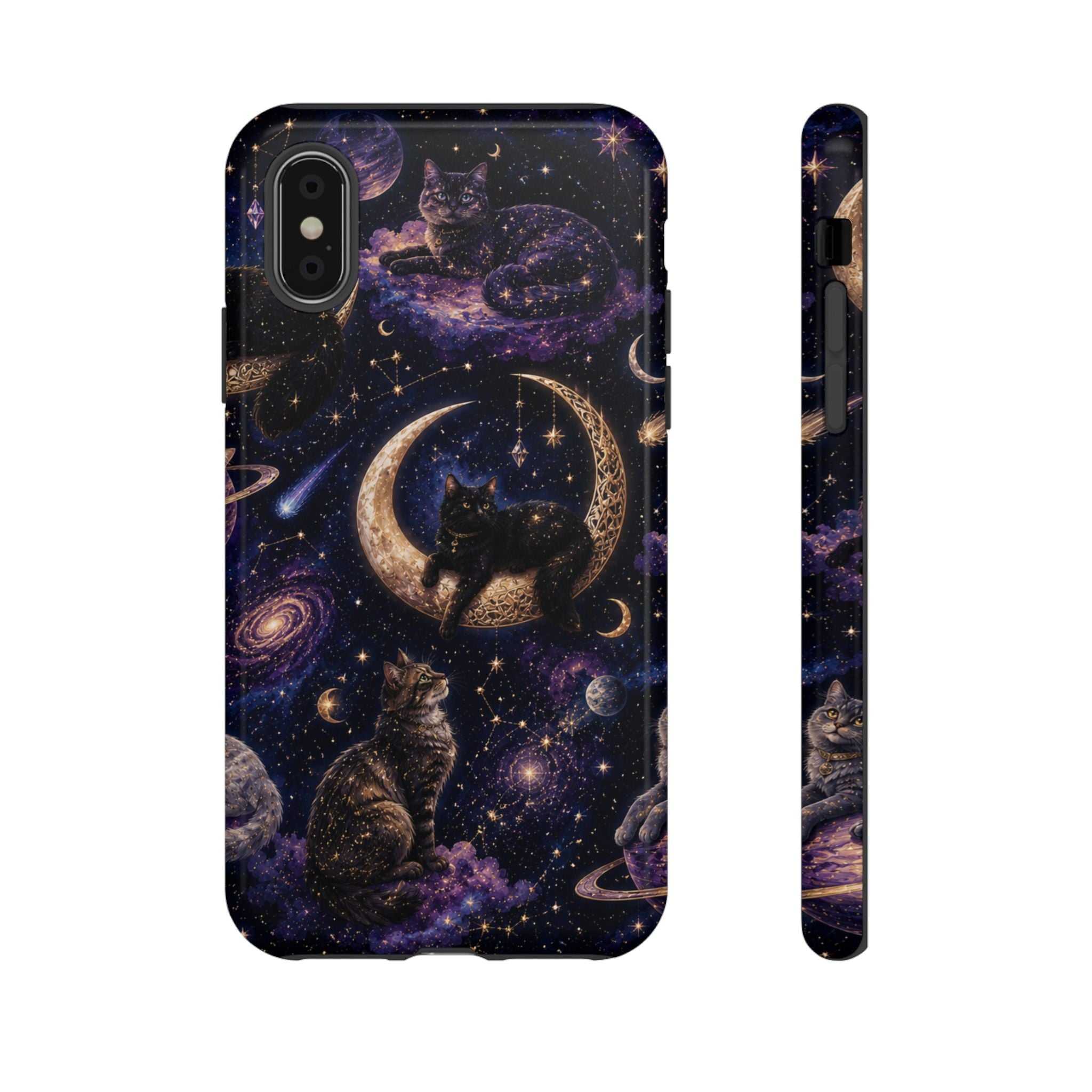 Galaxy Cats Tough Phone Case — Moon & Stars Space Kitty Protective Cover