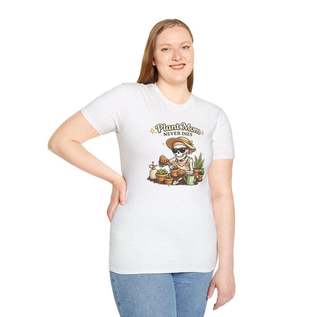 Plant Mom T-Shirt — "Plant Mom Never Dies" Skeleton Gardener Tee