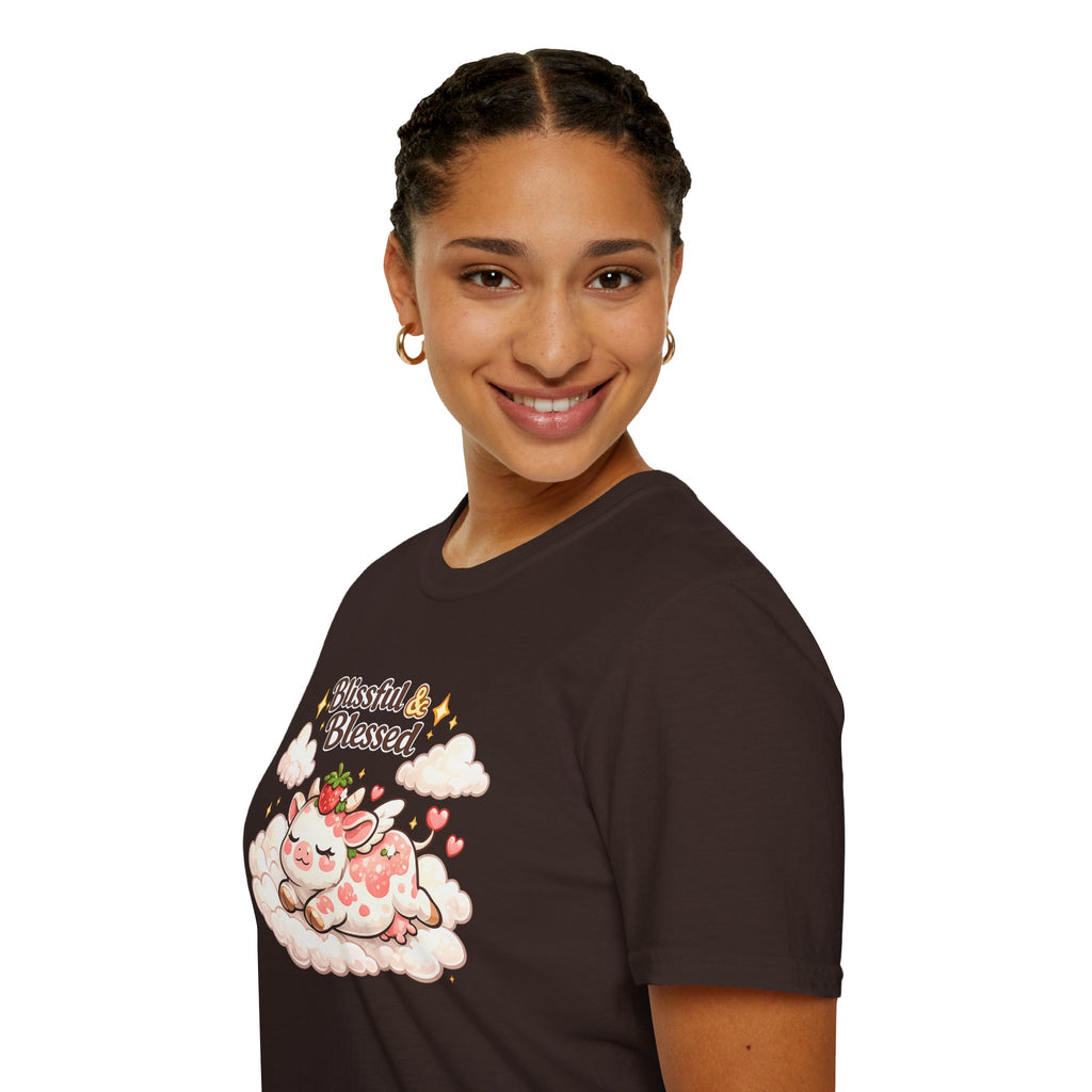 Blissful & Blessed Cute Strawberry Cow T-Shirt — Cozy Gift Tee