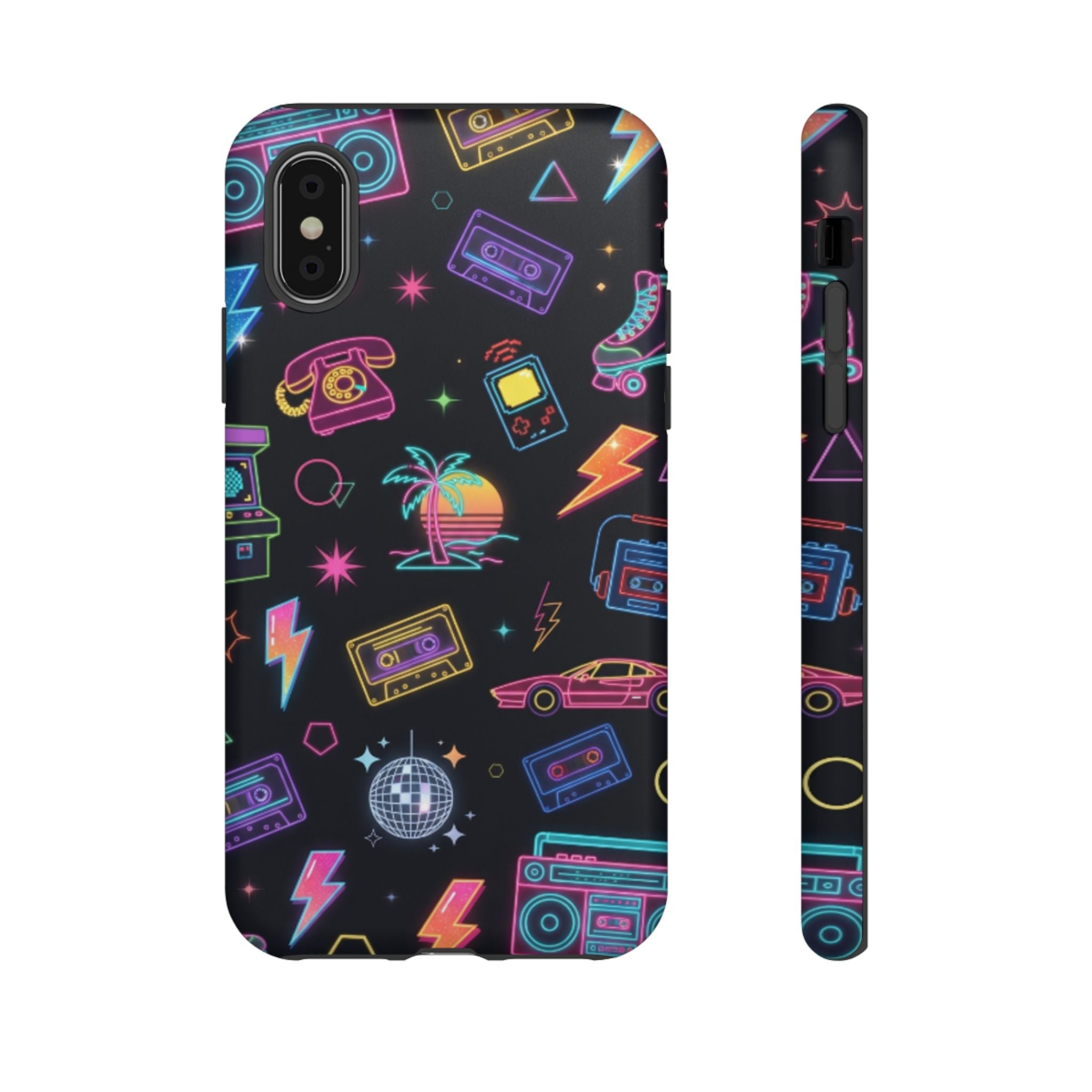 Retro Neon 80s Phone Case — Cassette, Roller Skate & Palm Tree Pattern