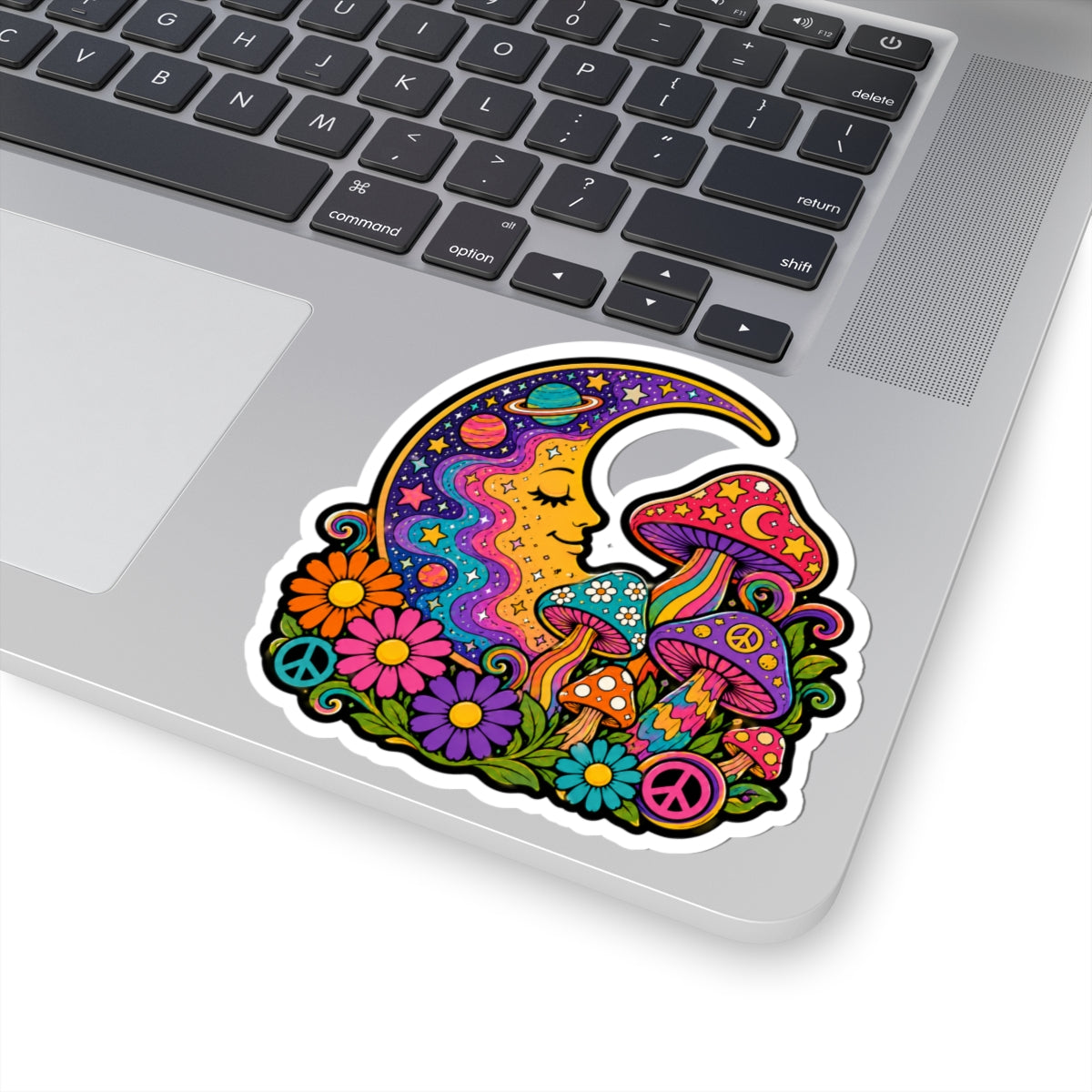 Psychedelic Moon & Mushroom Kiss-Cut Sticker — Retro Floral Peace Vibes