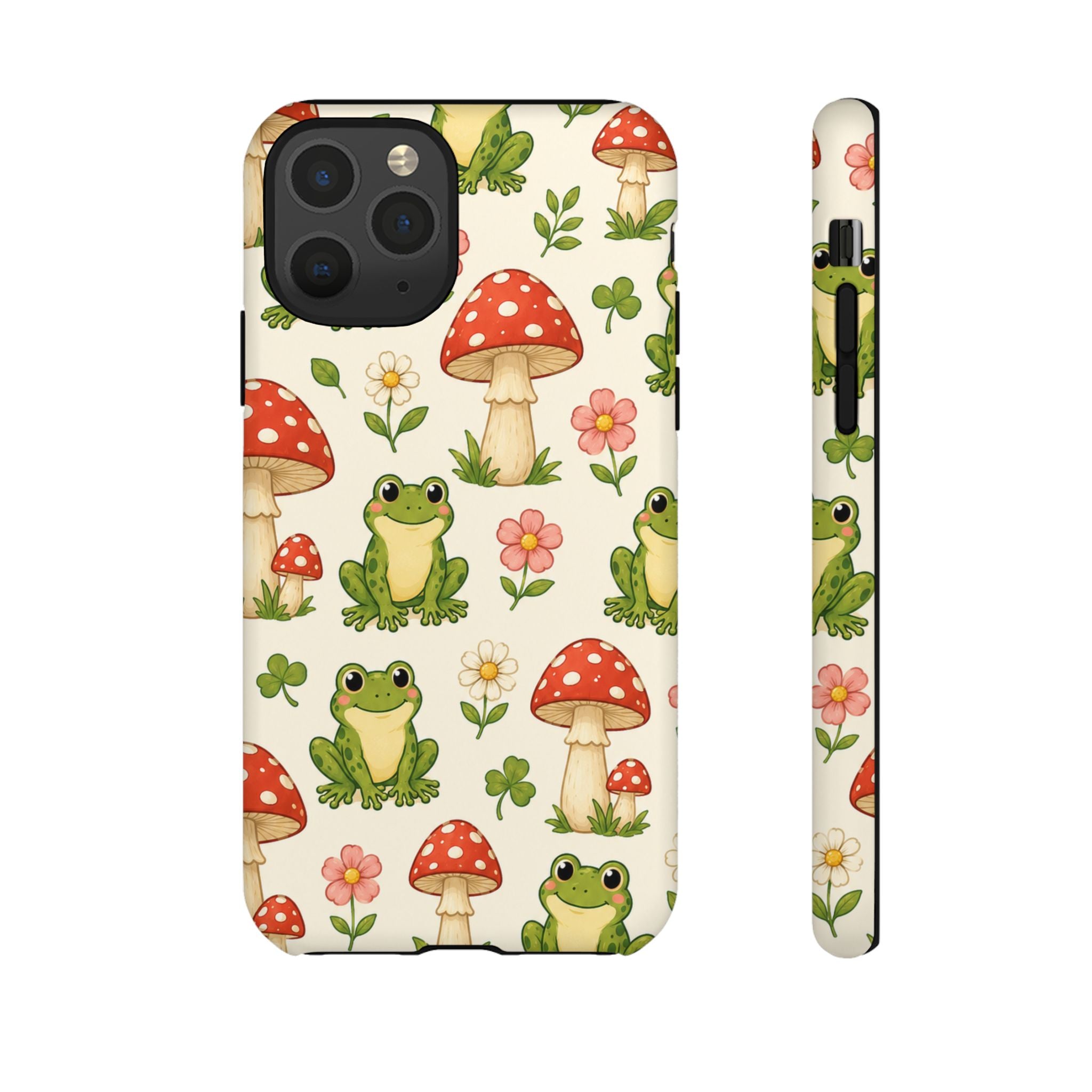 Kawaii Frog & Red Capped Mushroom Phone Case – Cute Nature Pattern Protective Cover