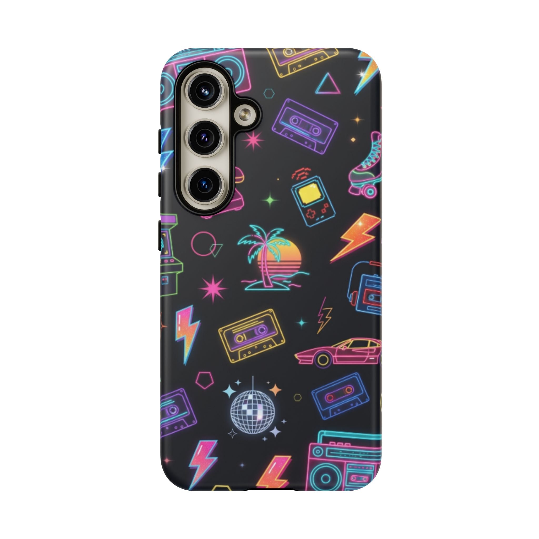 Retro Neon 80s Phone Case — Cassette, Roller Skate & Palm Tree Pattern