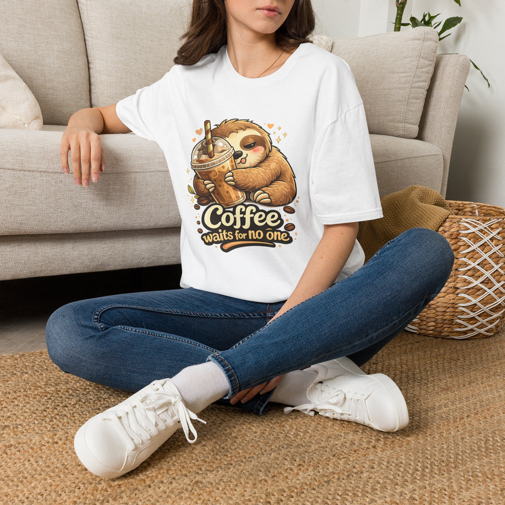 Cute Sloth Hugging Iced Coffee "Coffee Waits For No One" — T‑Shirt Gift