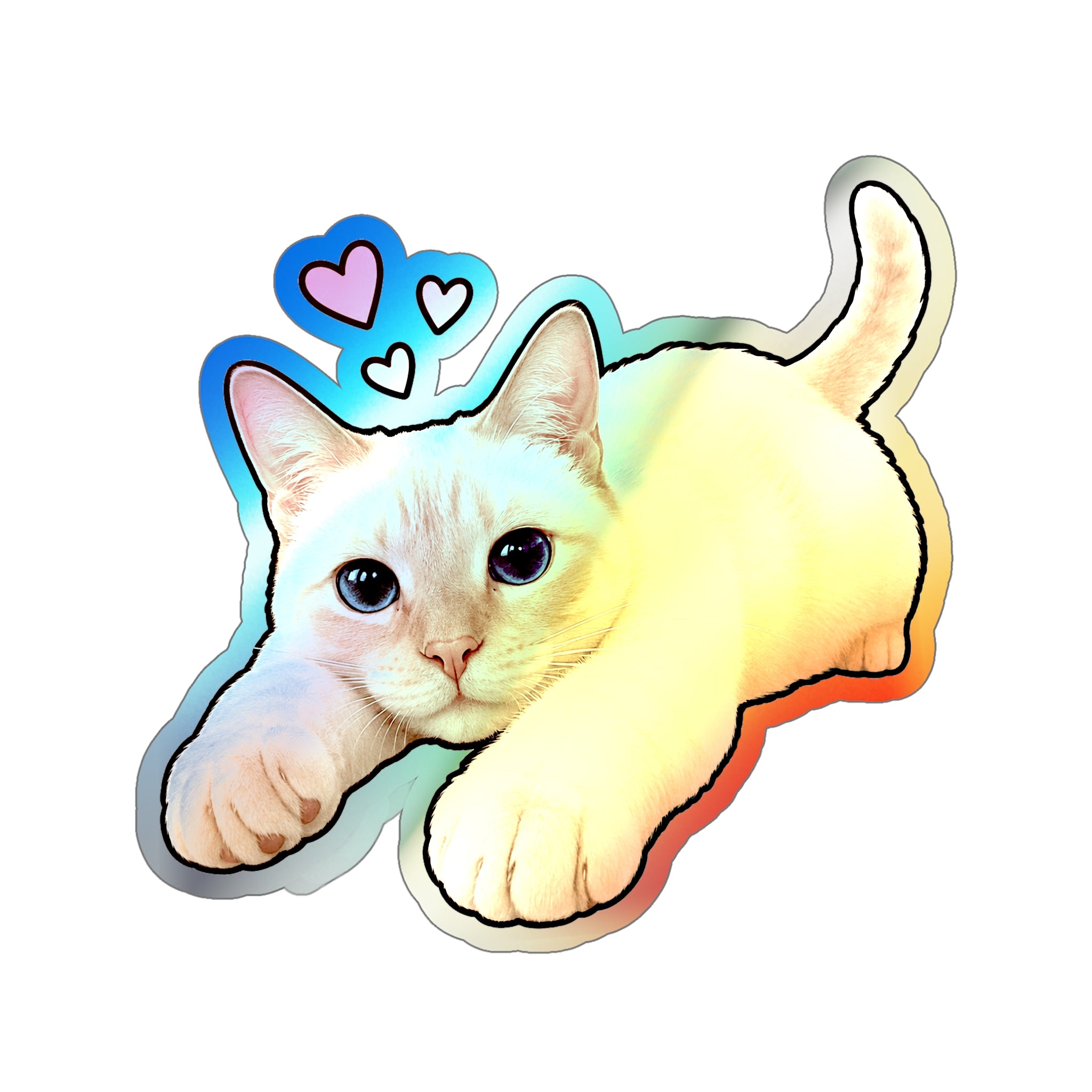 Holographic Cat Die-Cut Sticker — Cute Siamese Kitten with Hearts