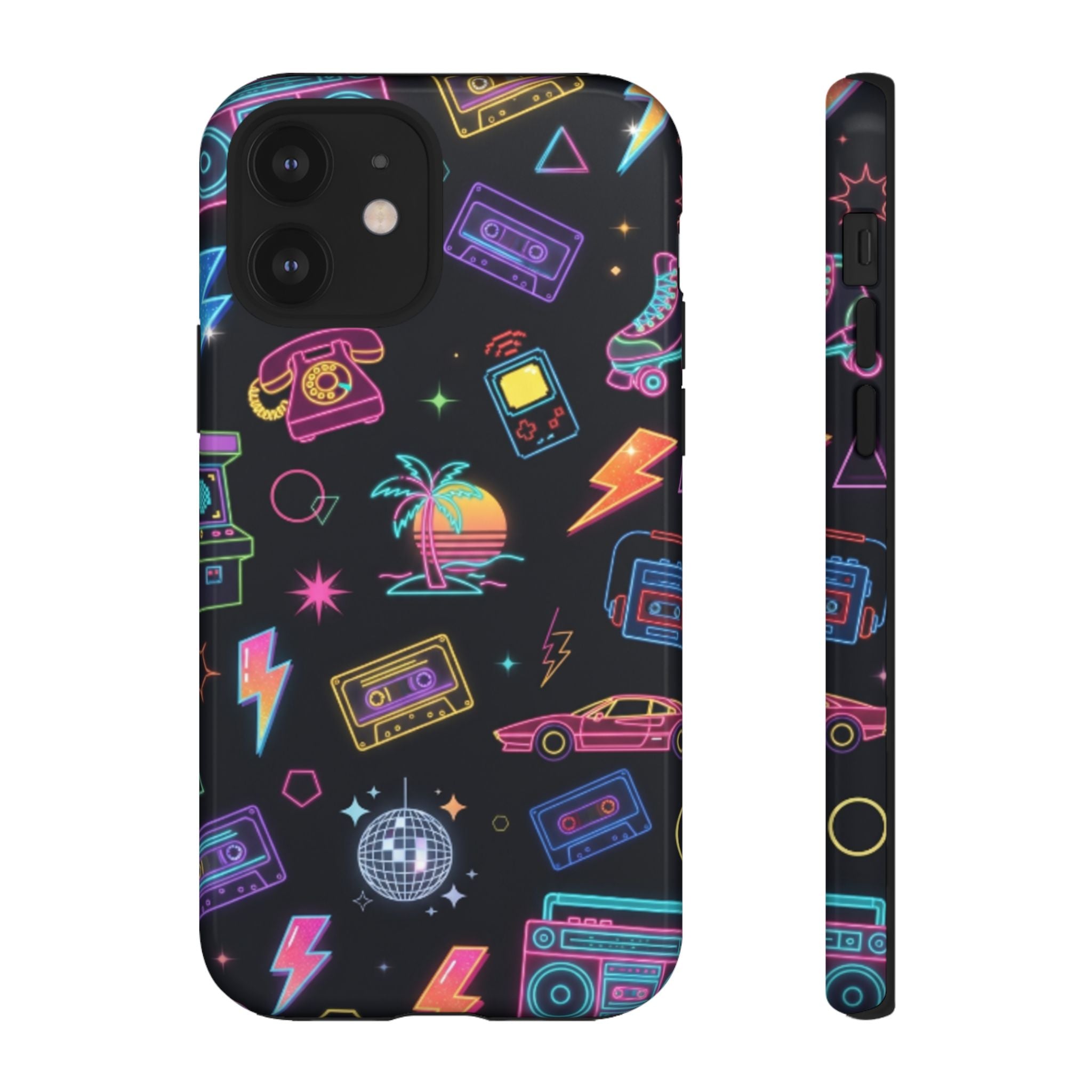 Retro Neon 80s Phone Case — Cassette, Roller Skate & Palm Tree Pattern