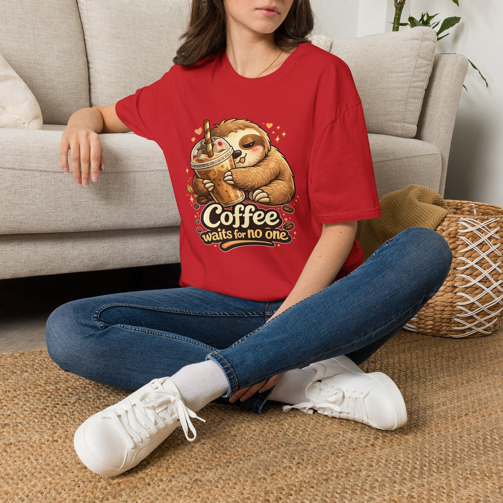 Cute Sloth Hugging Iced Coffee "Coffee Waits For No One" — T‑Shirt Gift