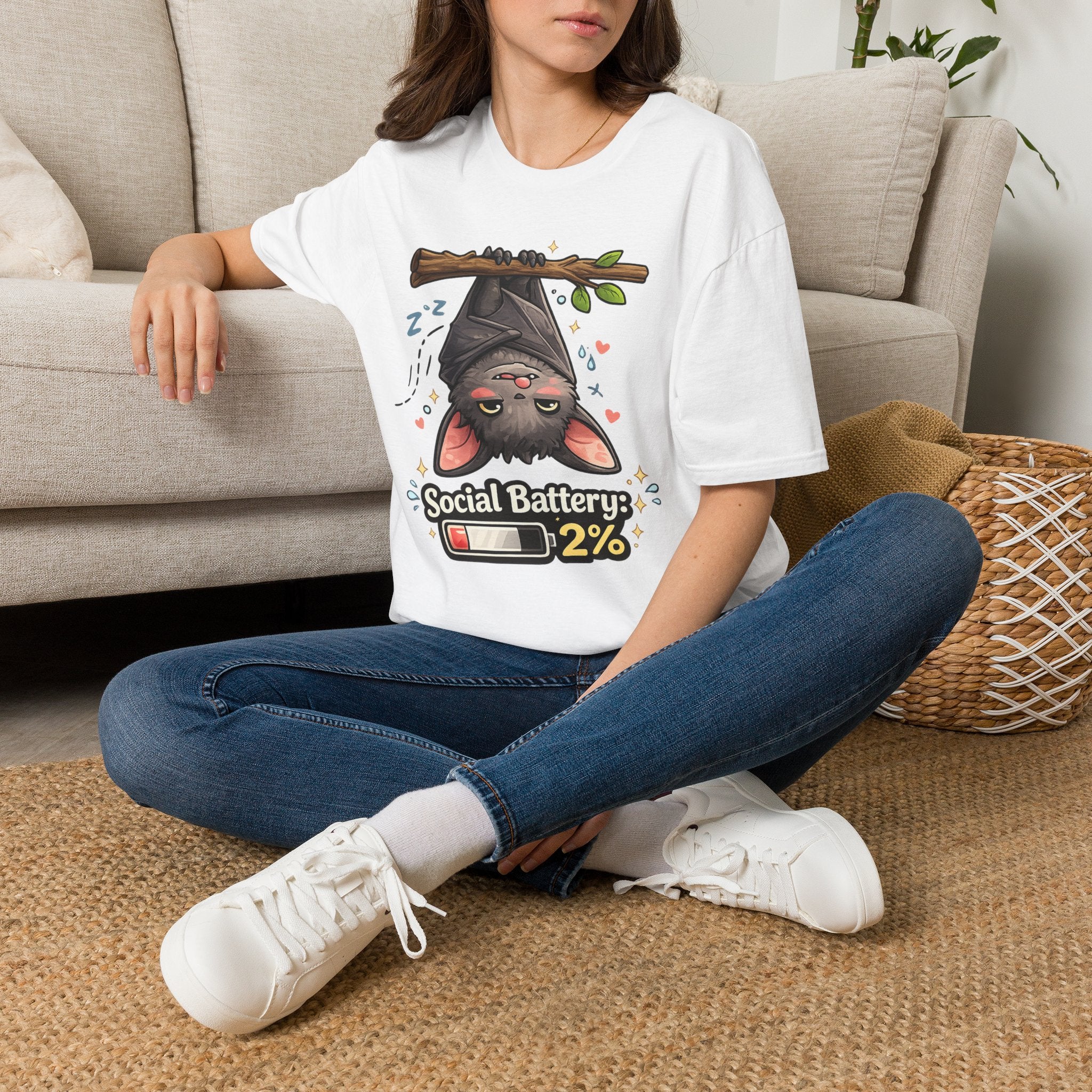 "Social Battery 2%" Cute Sleeping Bat Graphic Tee