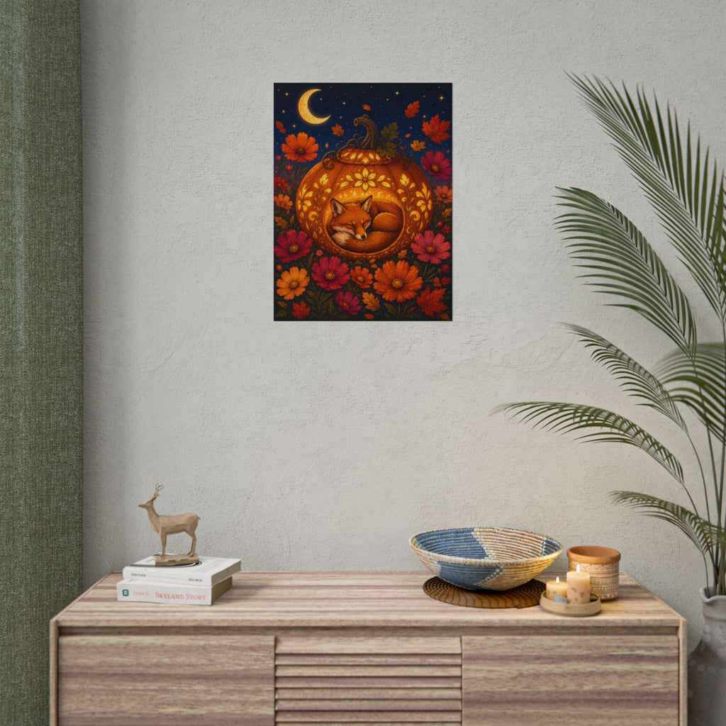 Autumn Fox in Pumpkin Rolled Poster — Cozy Fall Wall Art for Halloween & Seasonal Decor