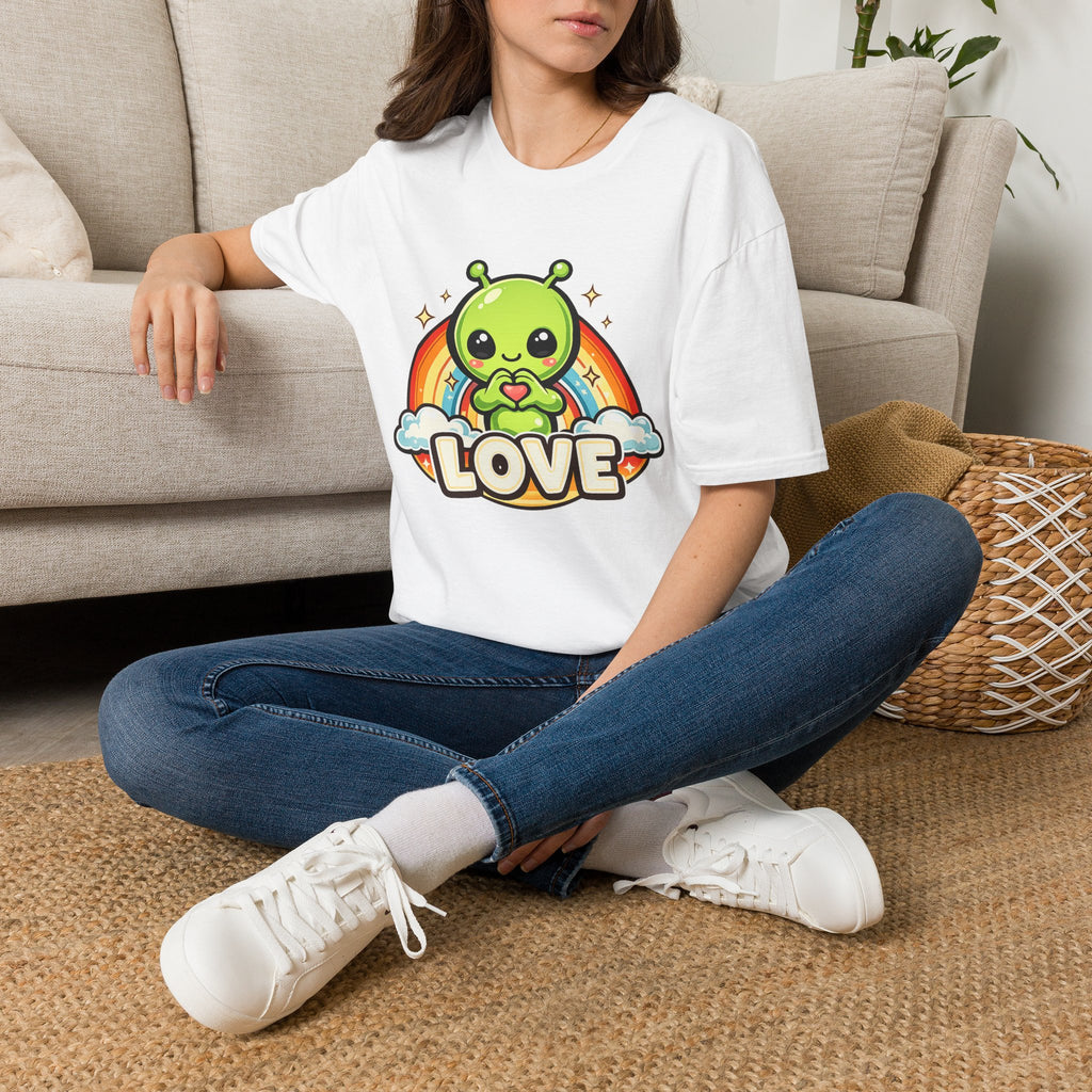 Alien Heart Tee — Green Alien with Rainbow & "LOVE" Graphic