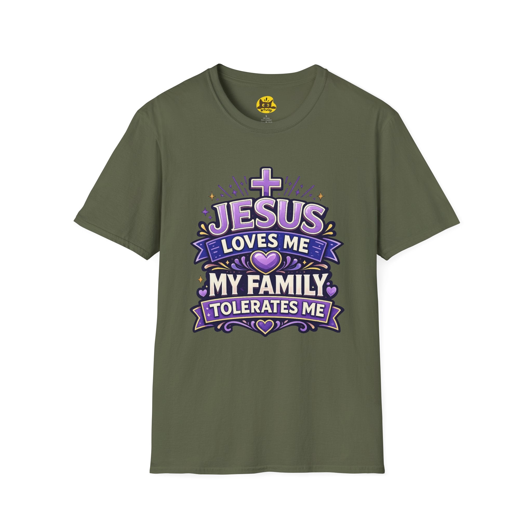 Christian T-Shirt — "Jesus Loves Me, My Family Tolerates Me" Graphic Tee