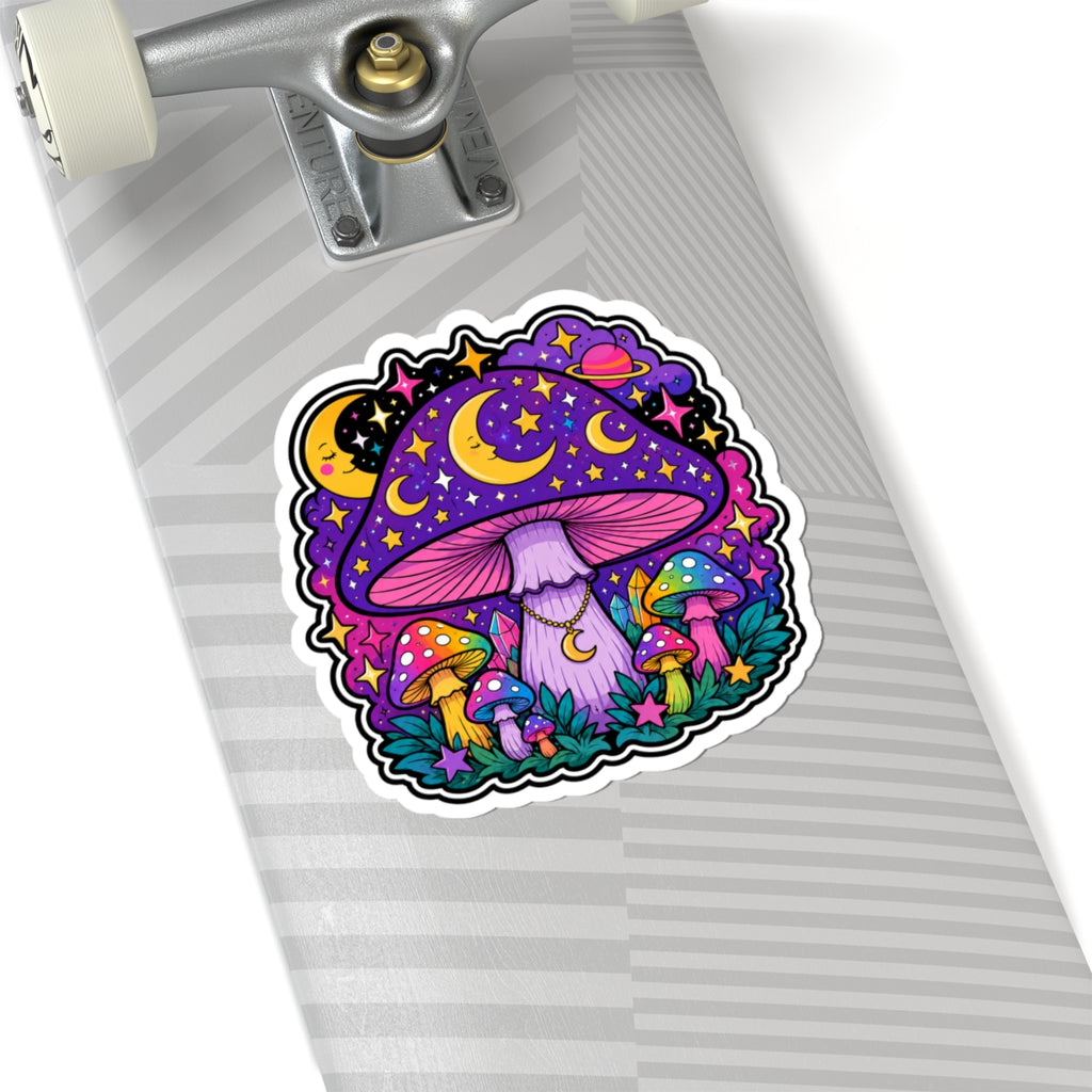 Psychedelic Moon Mushroom Sticker — Colorful Night Sky Kiss-Cut Sticker